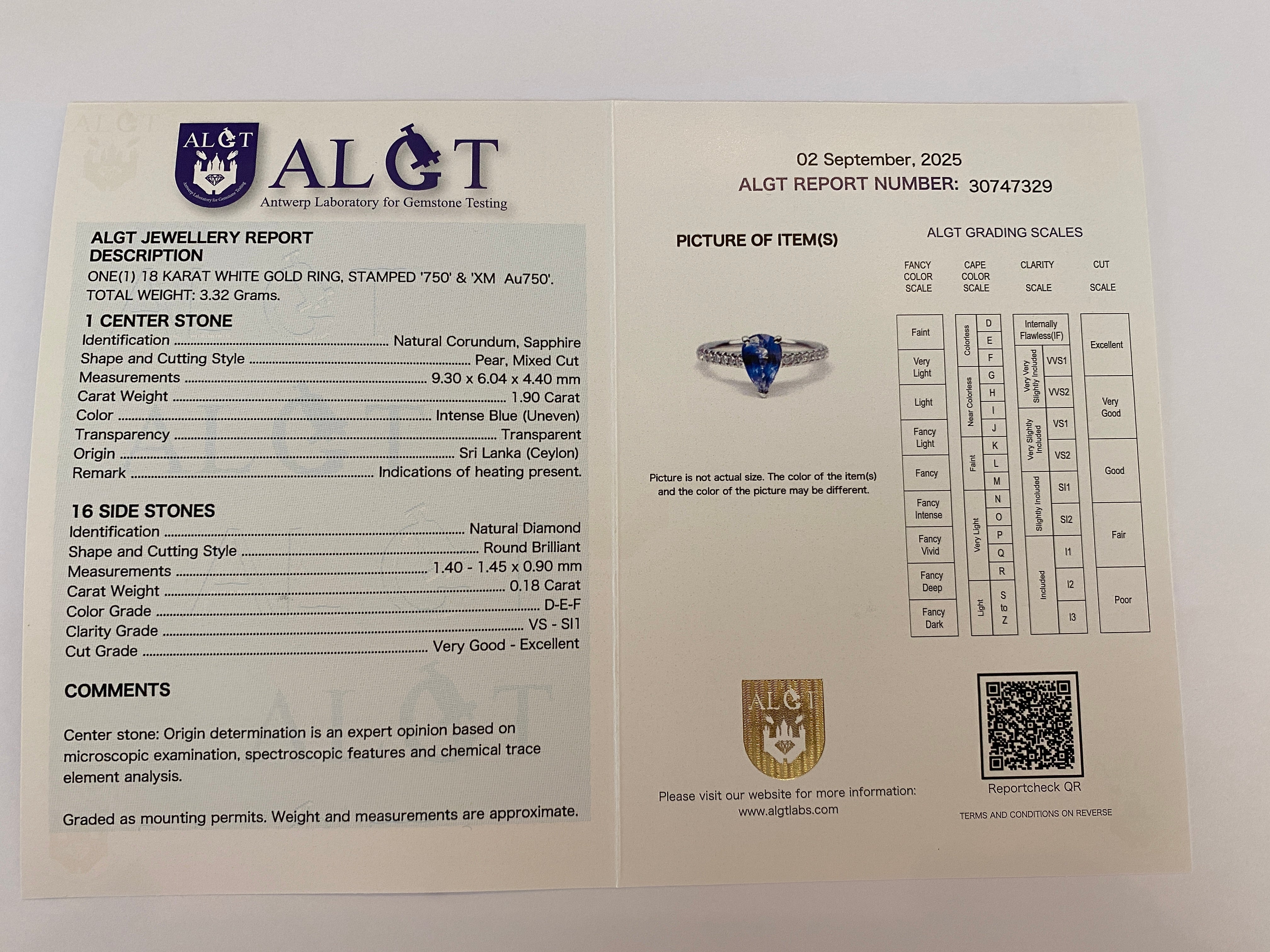 ALGT Certified 1.90 Carat Ceylon  Sapphire & Diamond Cocktail Ring in White gold