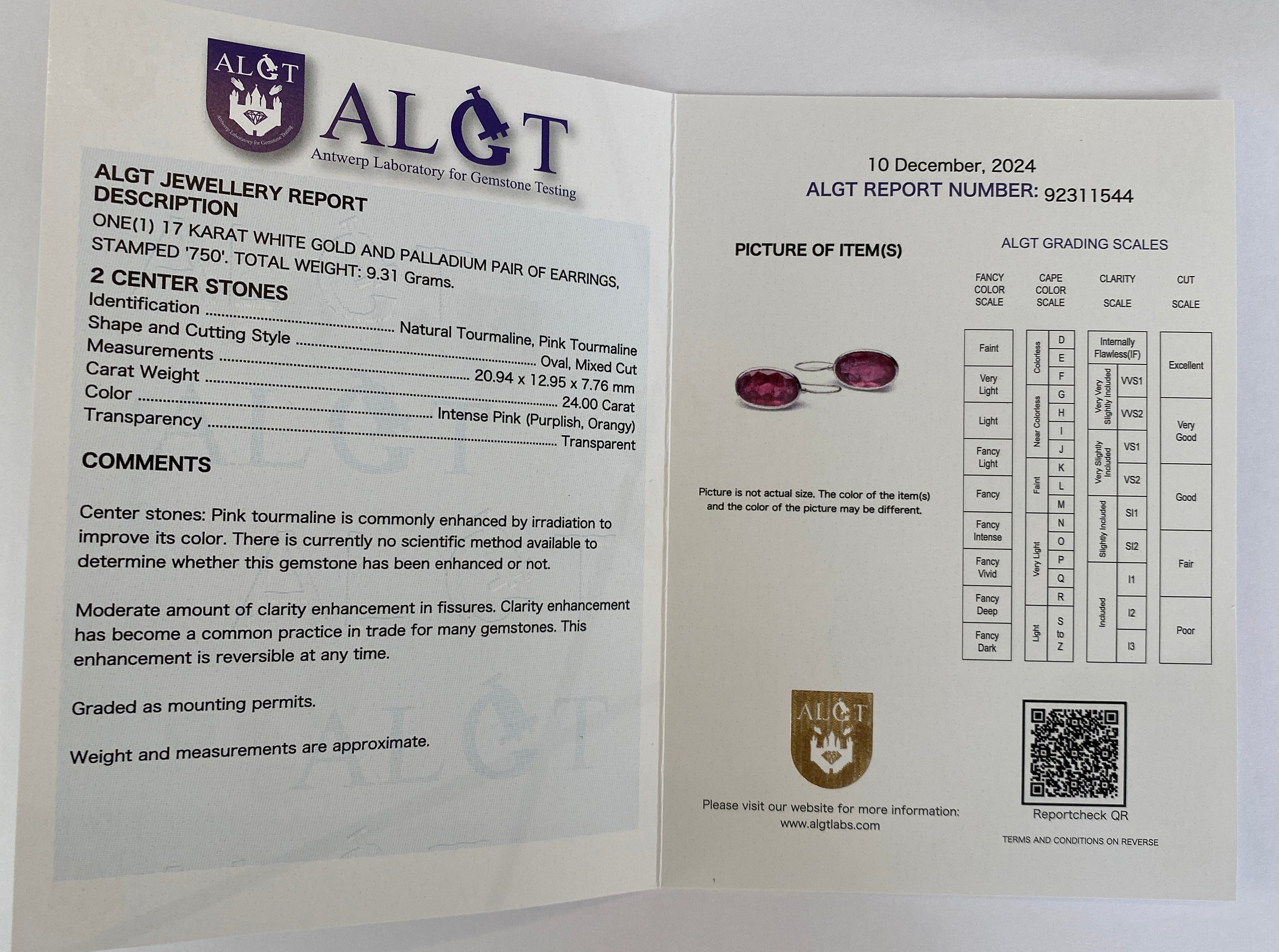 Certified 24 Carat Natural Pink Tourmaline White Gold Earrings