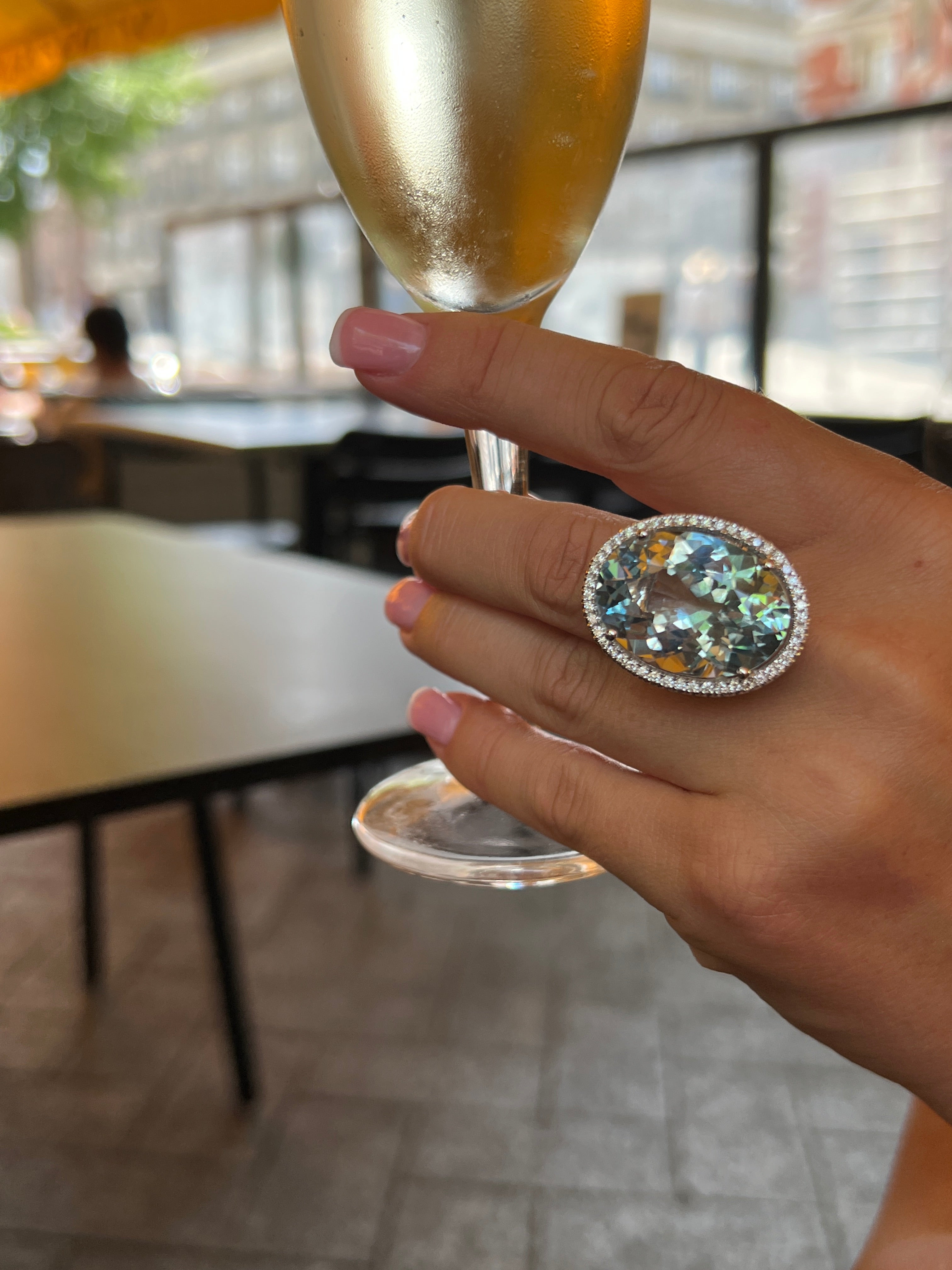 Certified hand made 34 Ct Sky Blue Topaz & Diamond Cocktail Ring in White Gold