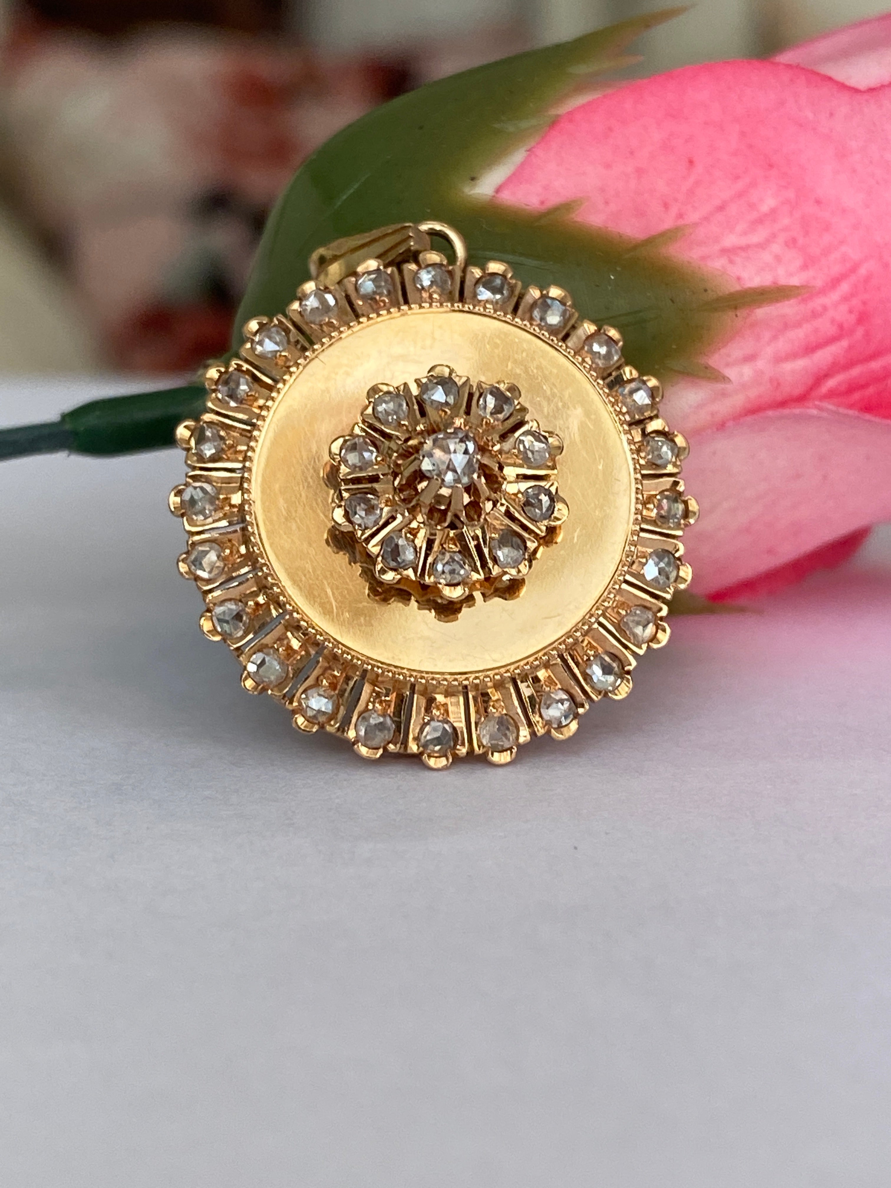 Antique Victorian floral motif Rose Cut Diamond Pendant 14 Carat Gold