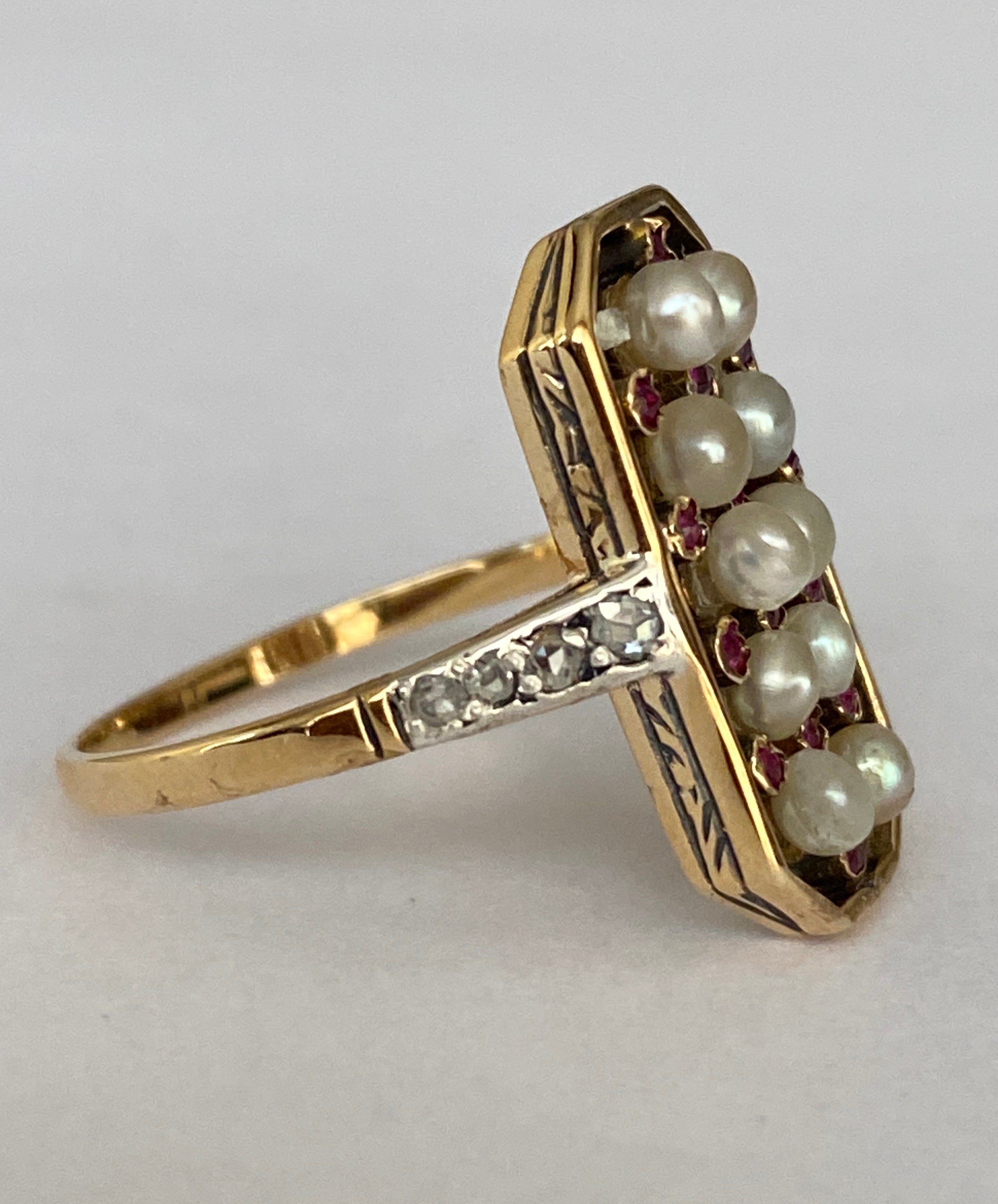 Antique Edwardian Pearl, Ruby & Diamond Ring in Gold