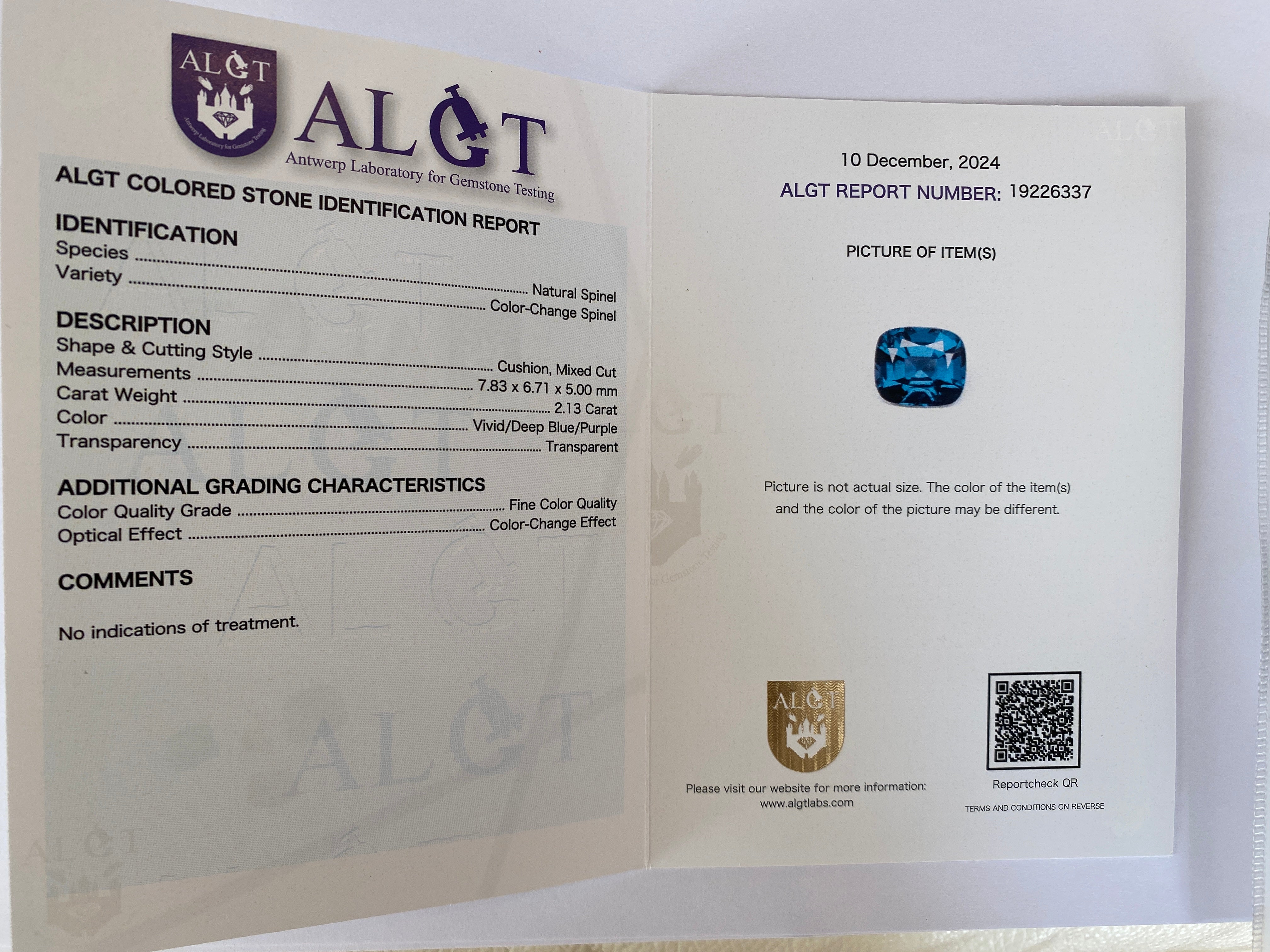 Certified 2.13ct Natural color change Spinel and Diamonds 18 kt gold ring