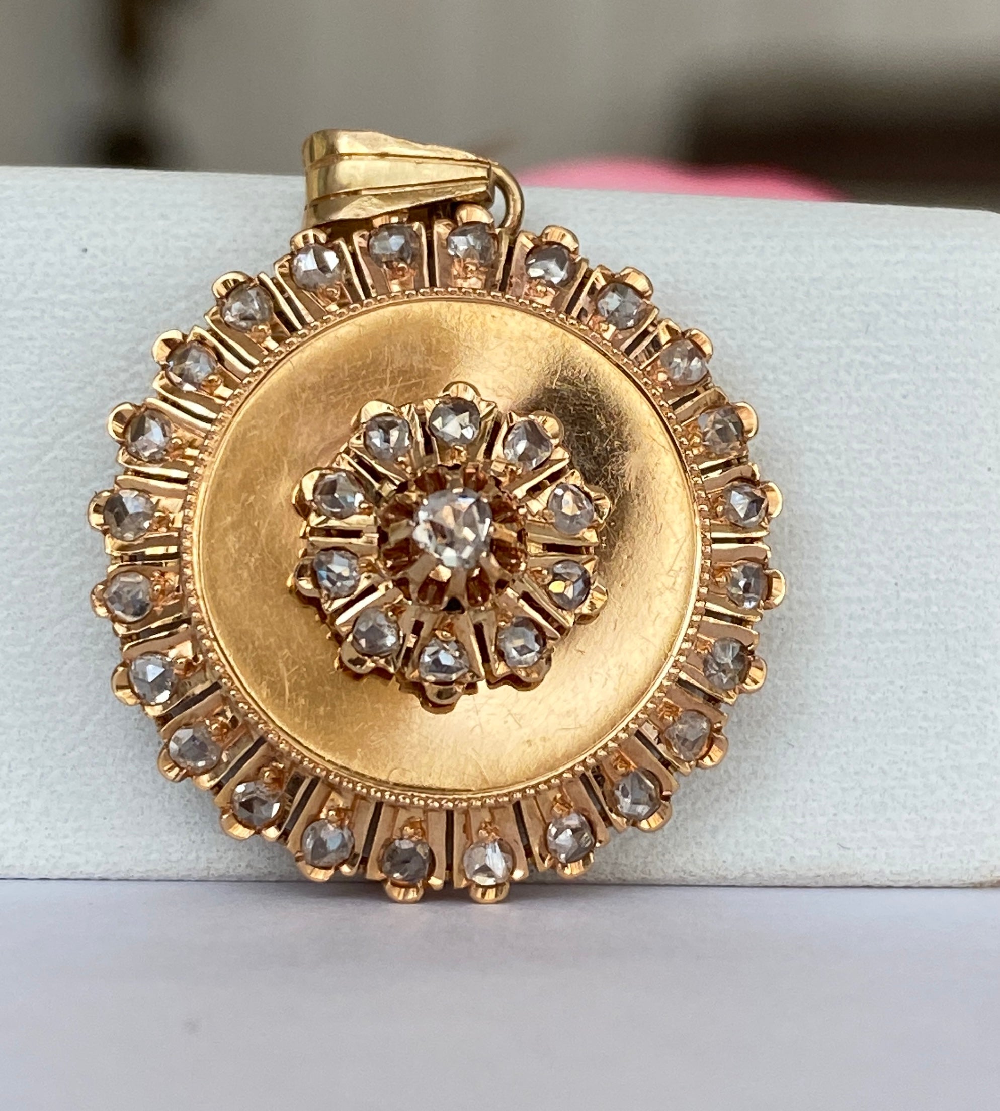 Antique Victorian floral motif Rose Cut Diamond Pendant 14 Carat Gold