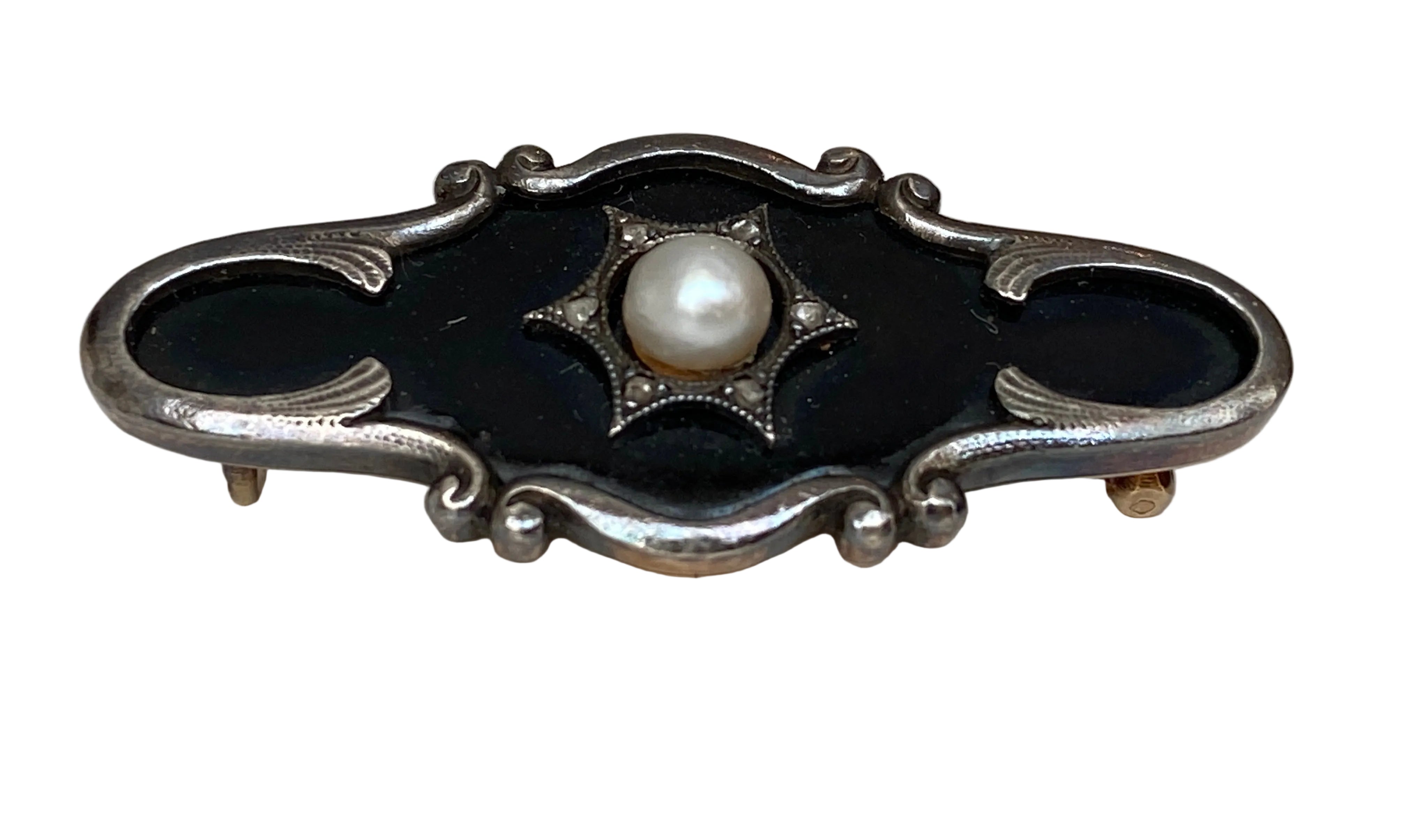 Antique Russian Henrik Wigström Gold / Silver & Black Enamel Pearle brooch