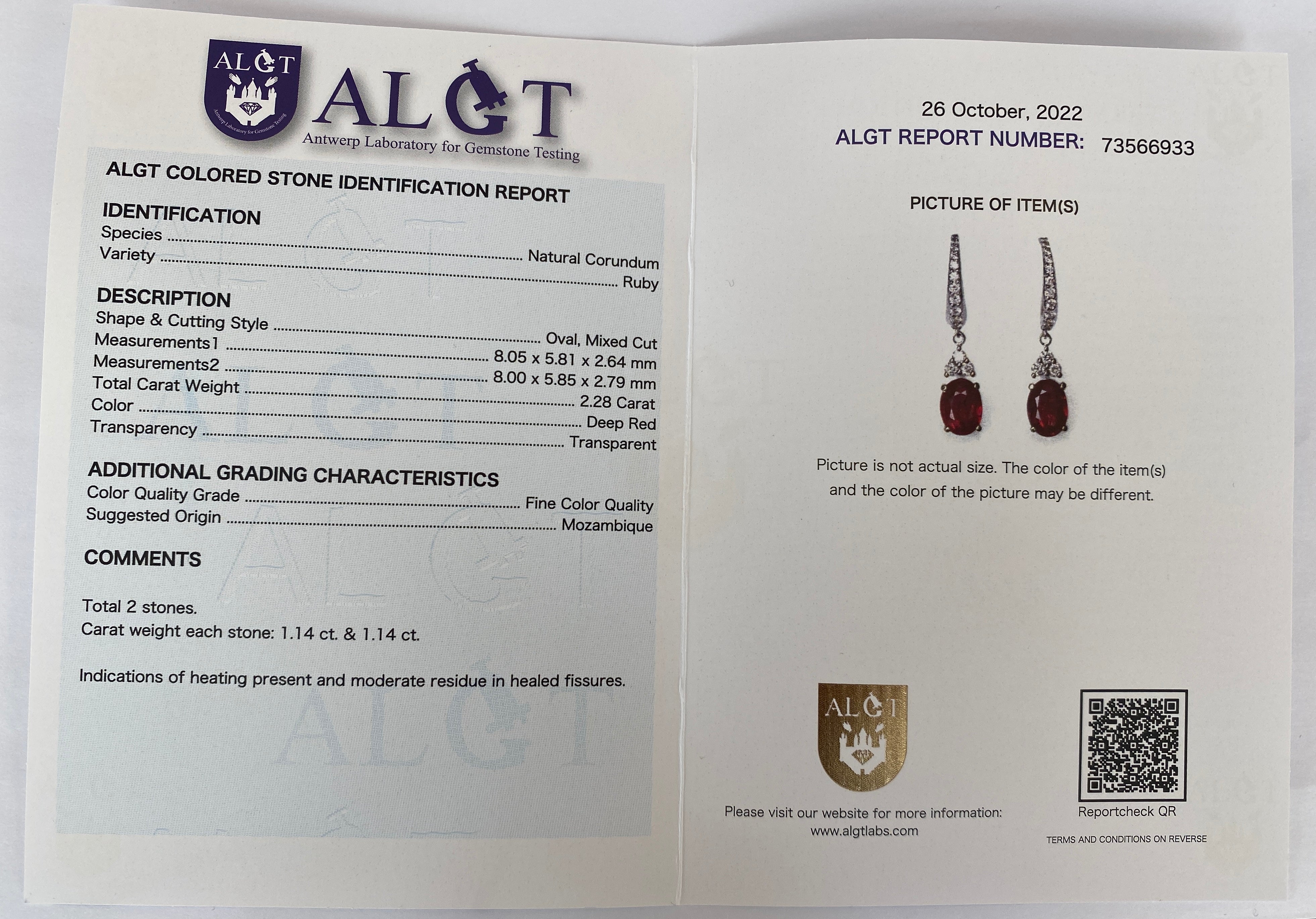Certified 18 Kt. White Gold Earrings with 2.28 Ct Rubies and Diamonds