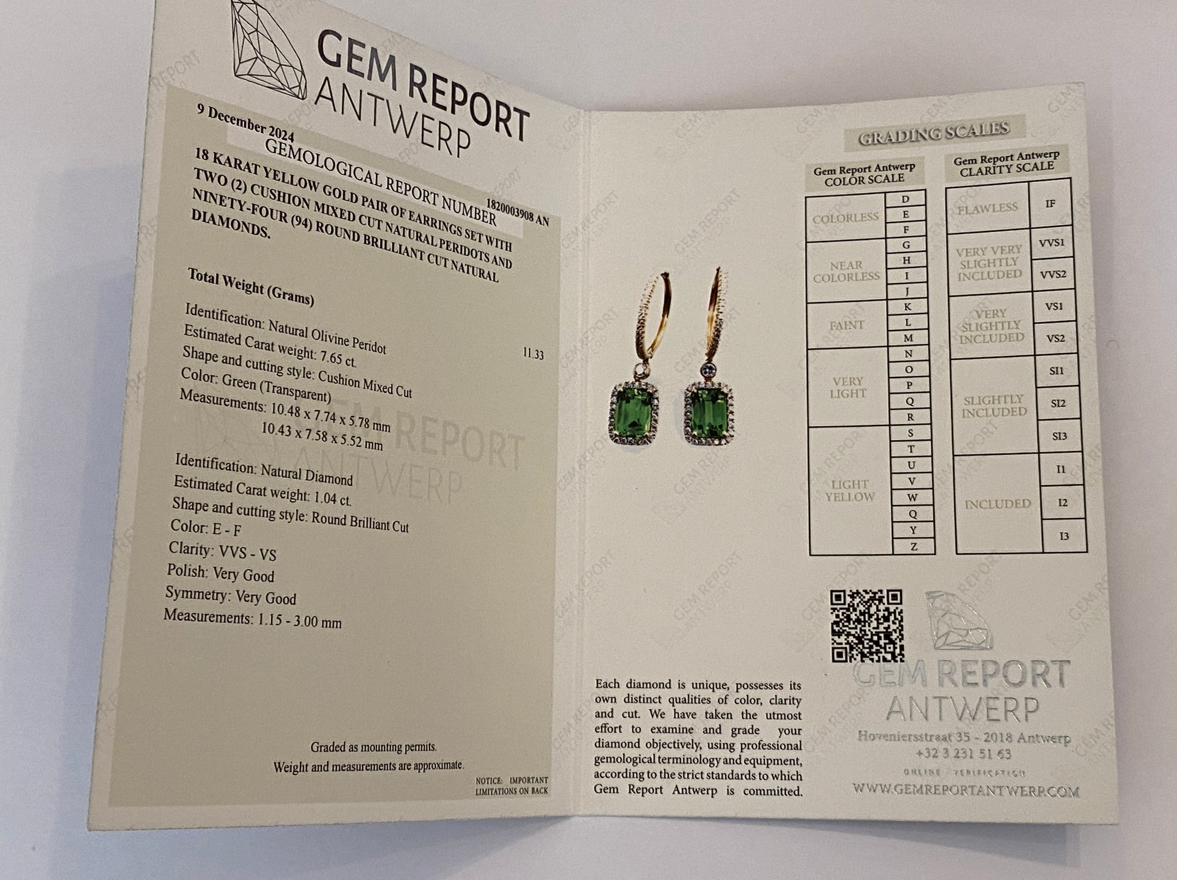 Lime Green Peridot & Diamond Earrings in 18 Kt Yellow Gold