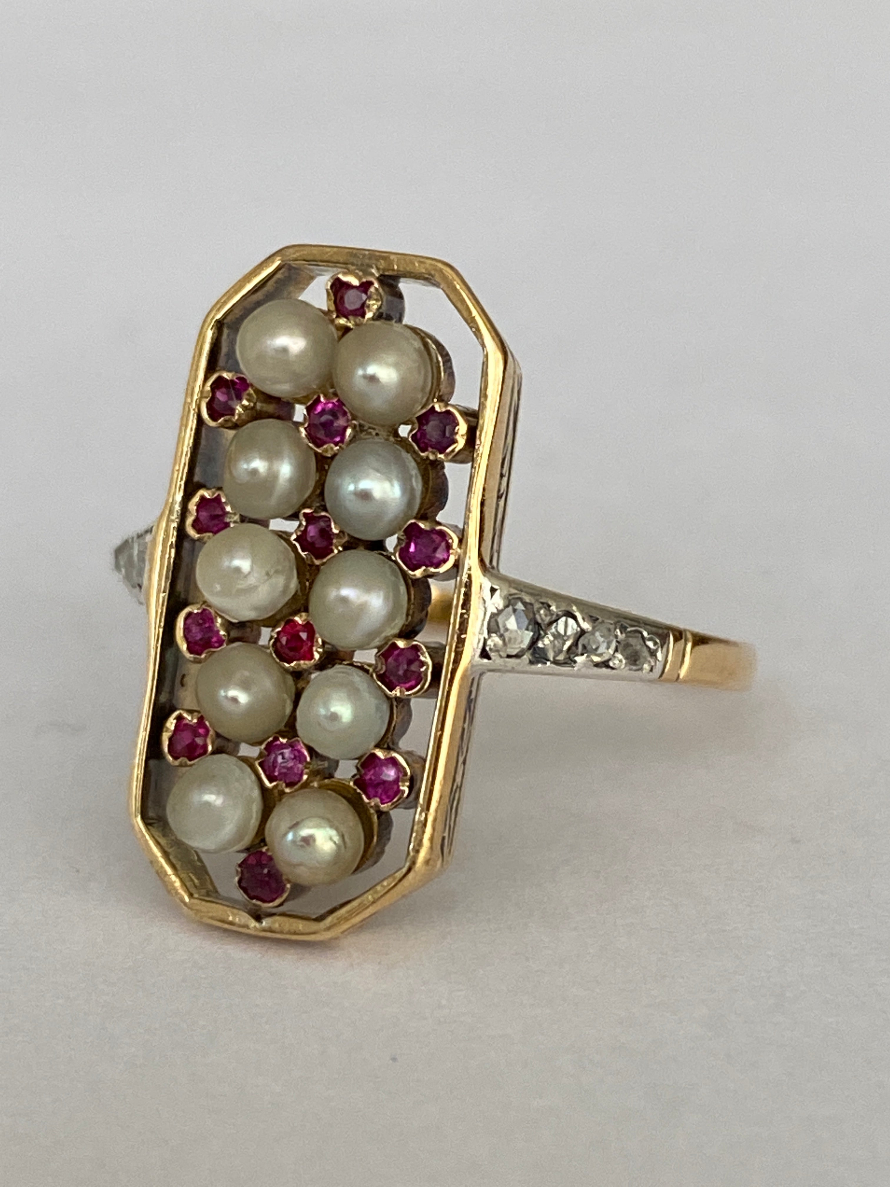 Antique Edwardian Pearl, Ruby & Diamond Ring in Gold