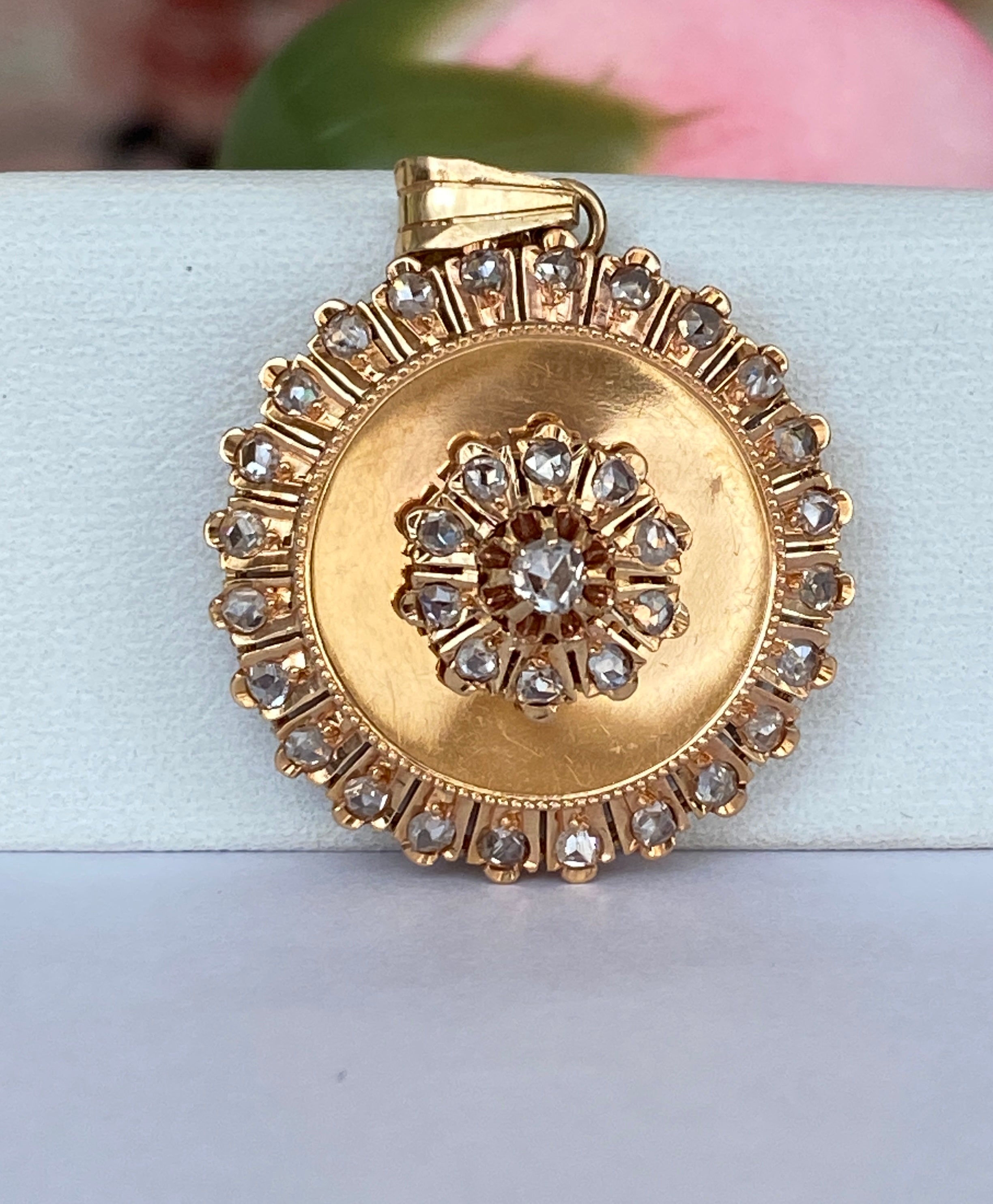 Antique Victorian floral motif Rose Cut Diamond Pendant 14 Carat Gold