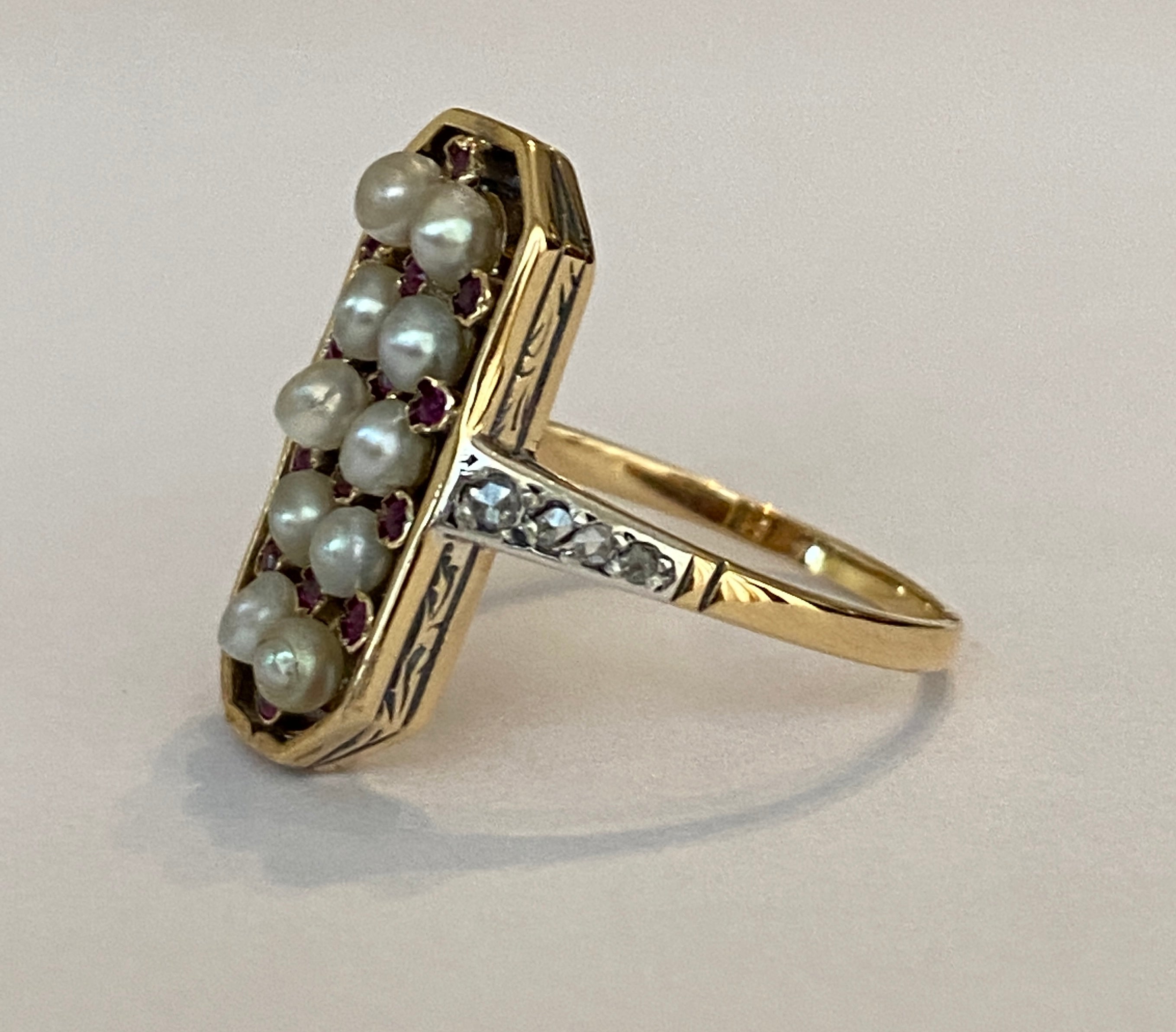 Antique Edwardian Pearl, Ruby & Diamond Ring in Gold