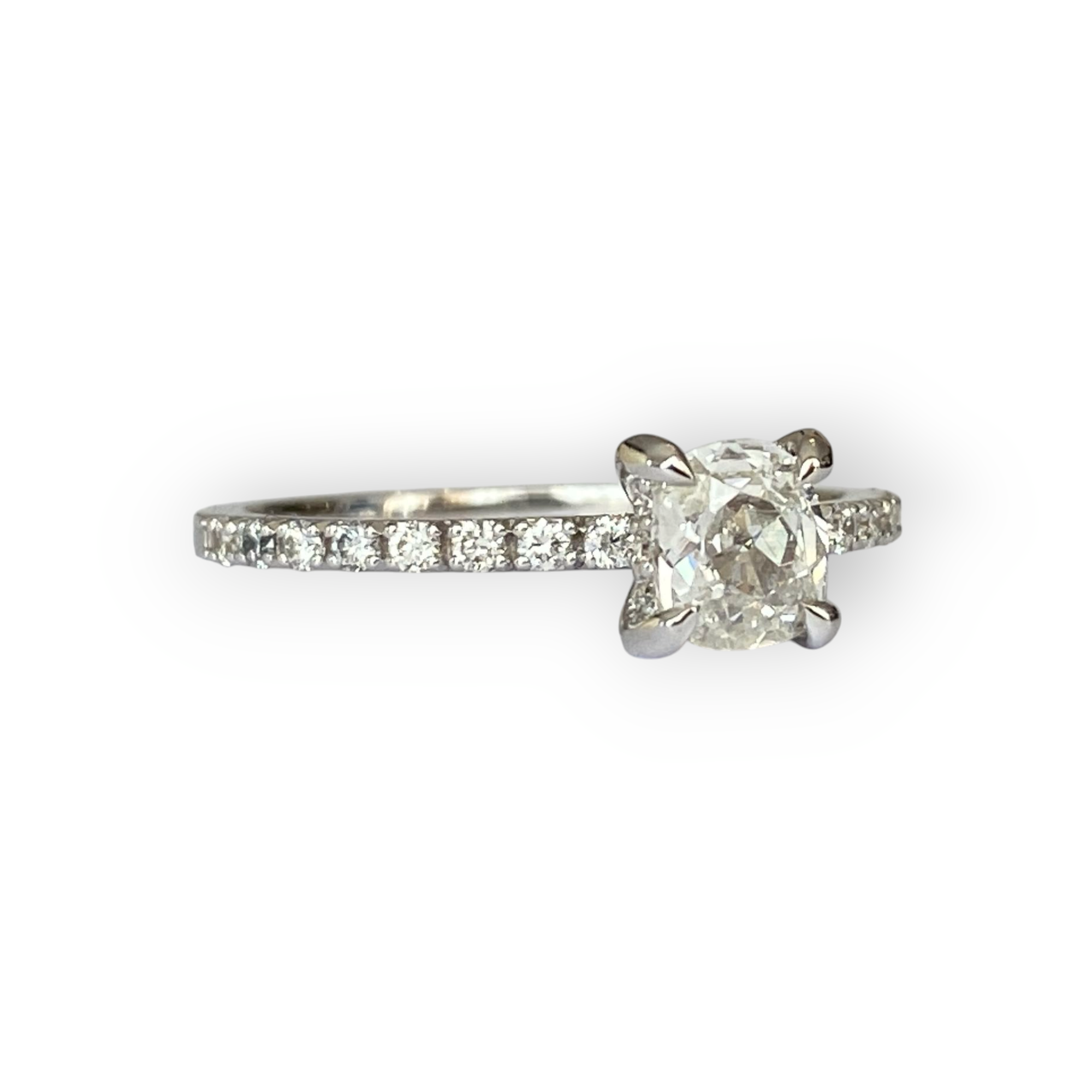 18K White Gold Solitaire Ring with 0.58 Ct Antique Cushion-Cut Diamond & Accent Diamonds