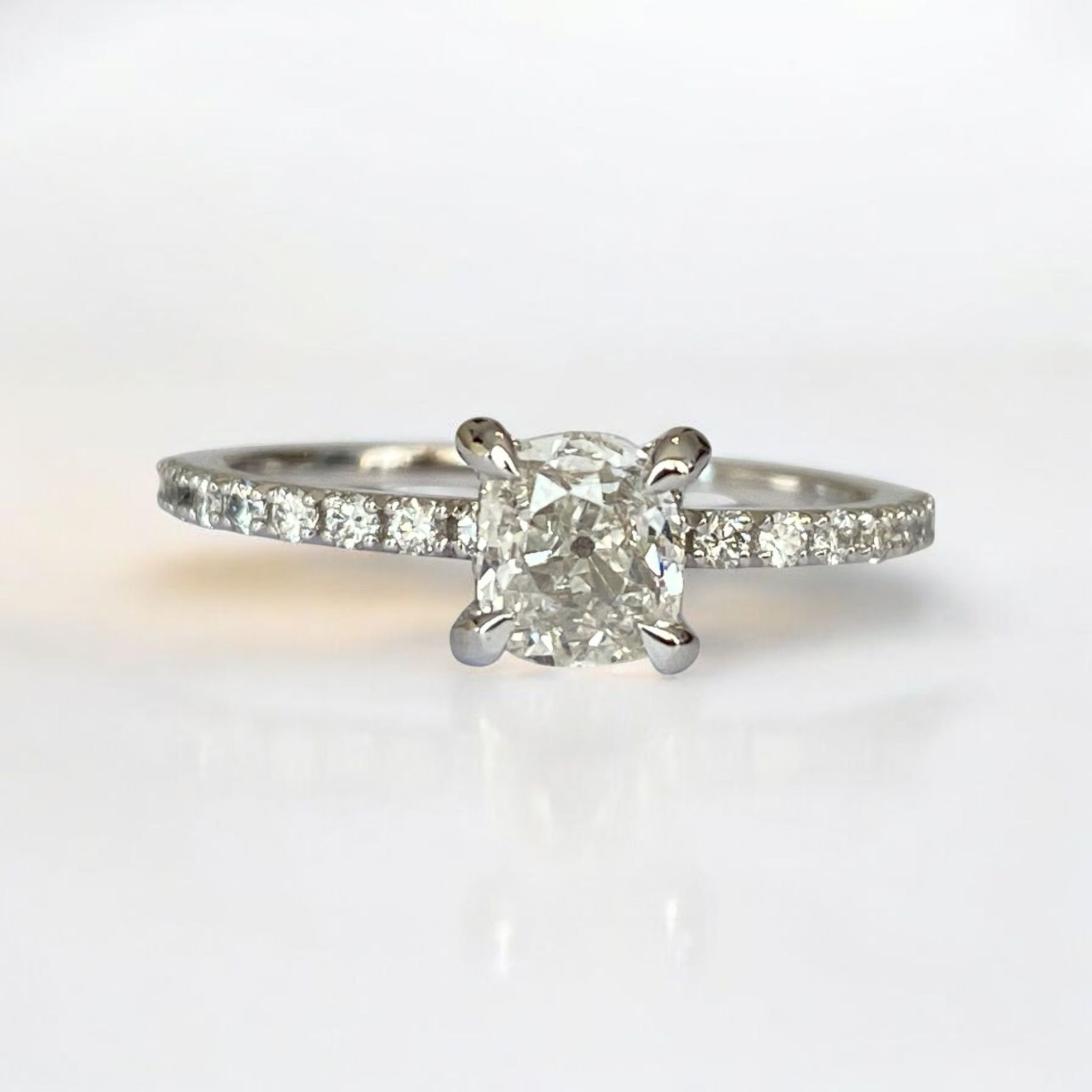 18K White Gold Solitaire Ring with 0.58 Ct Antique Cushion-Cut Diamond & Accent Diamonds