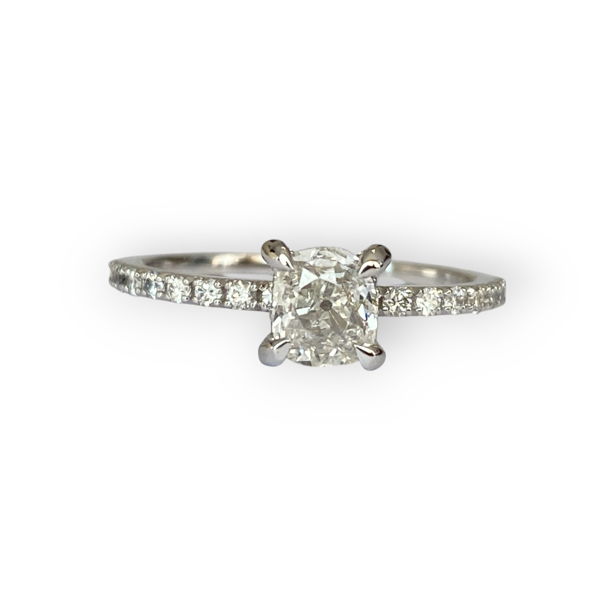18K White Gold Solitaire Ring with 0.58 Ct Antique Cushion-Cut Diamond & Accent Diamonds