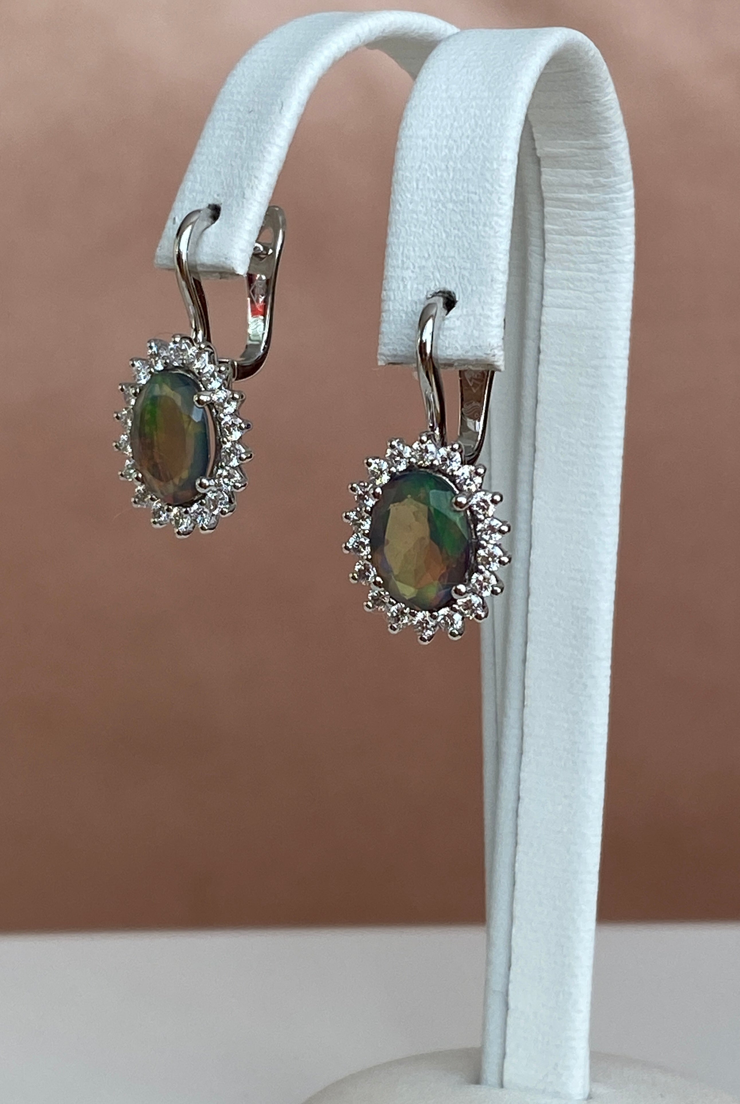 18K White Gold Dangle Earrings with Fire Black Australian Opals and Diamonds