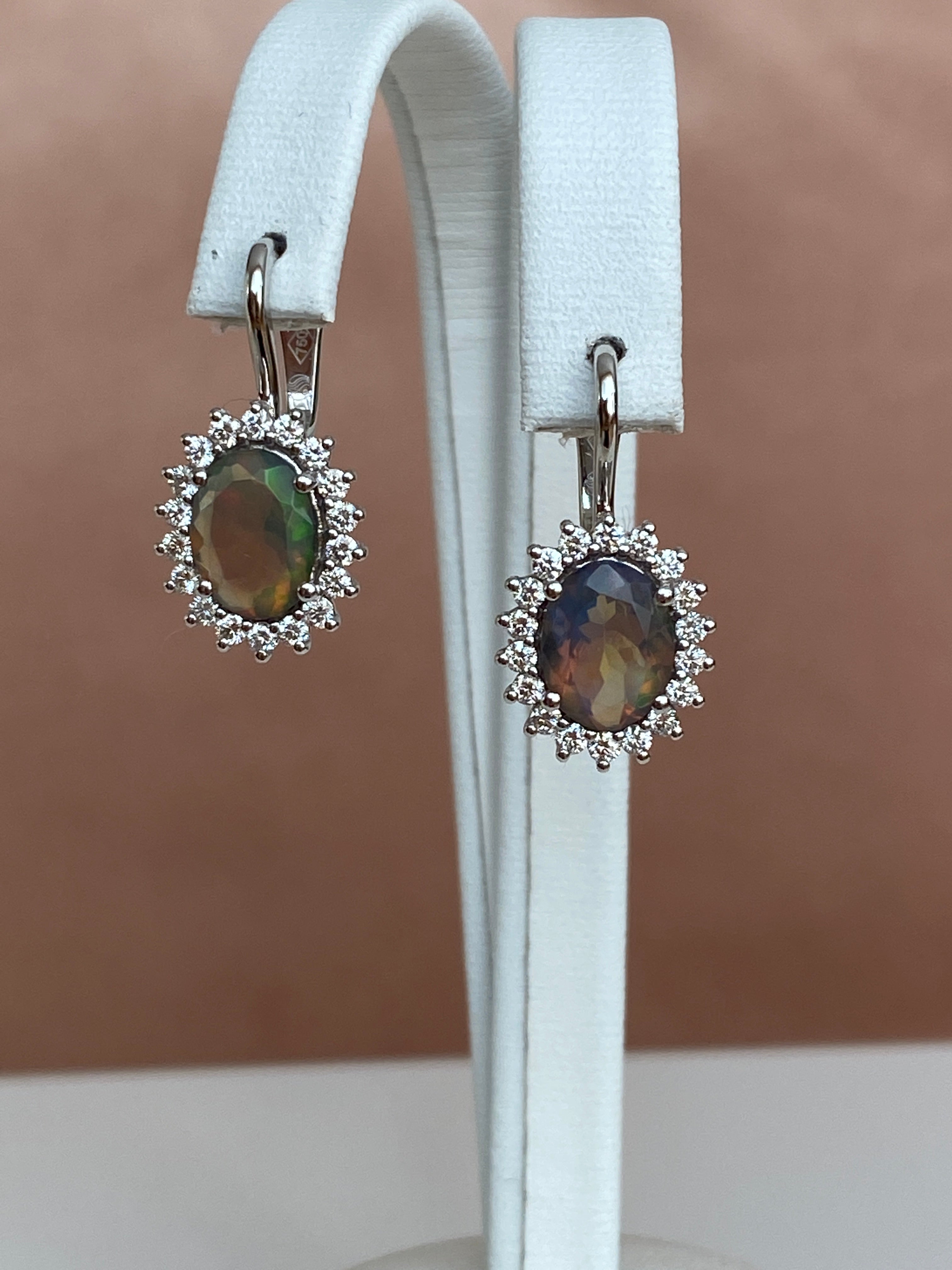 18K White Gold Dangle Earrings with Fire Black Australian Opals and Diamonds