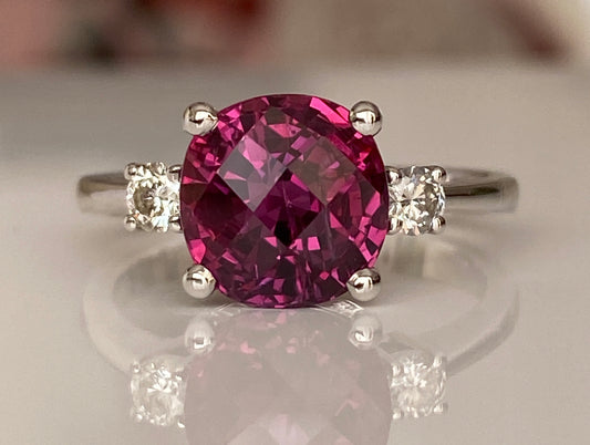 ALGT Certified 4.34 Carat Vivid/ Deep Purplish Pink Sapphire Diamond Ring