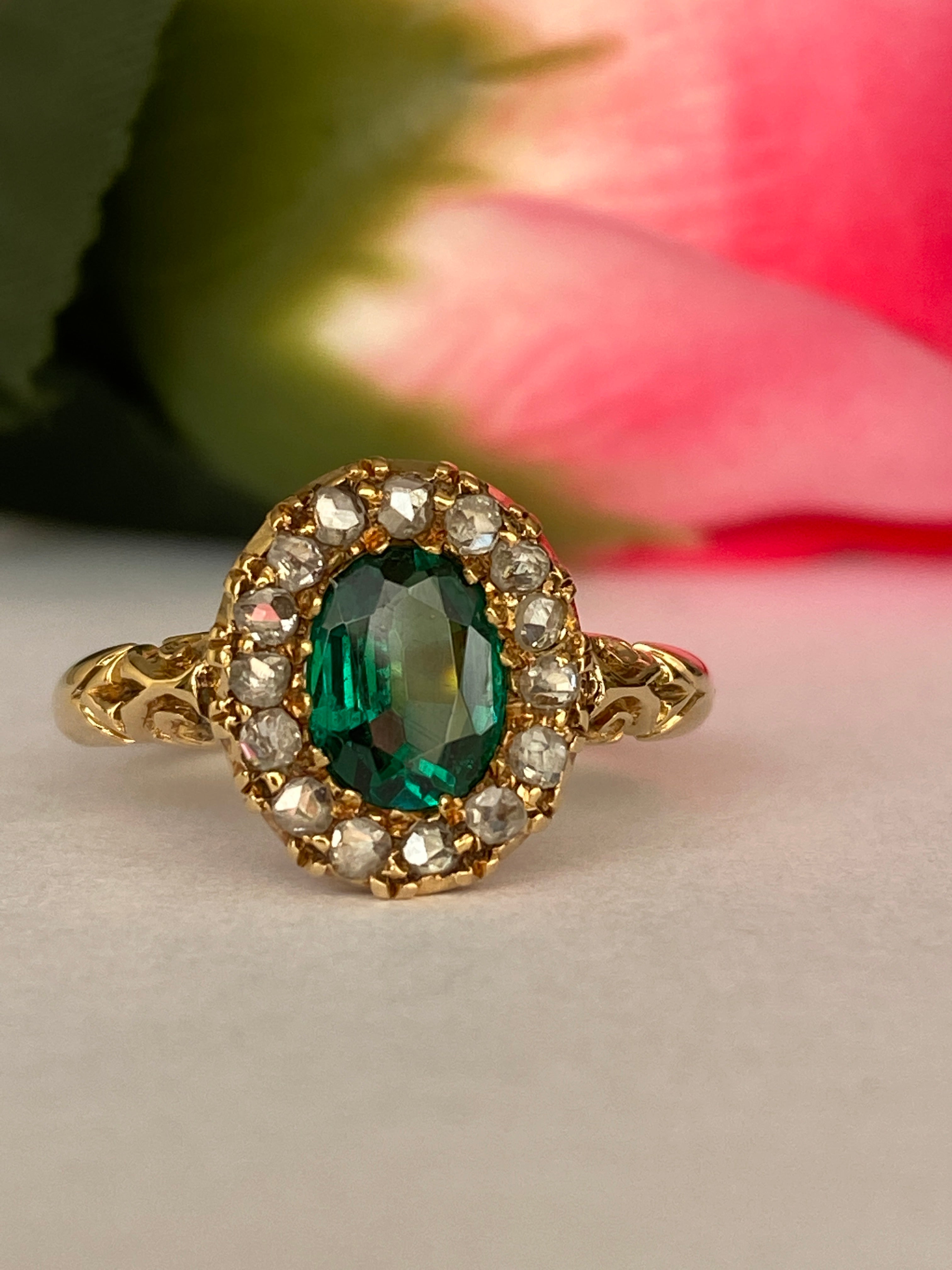 Antique Edwardian 18K Yellow Gold Green Garnet Doublet and Rose-Cut Diamond Ring