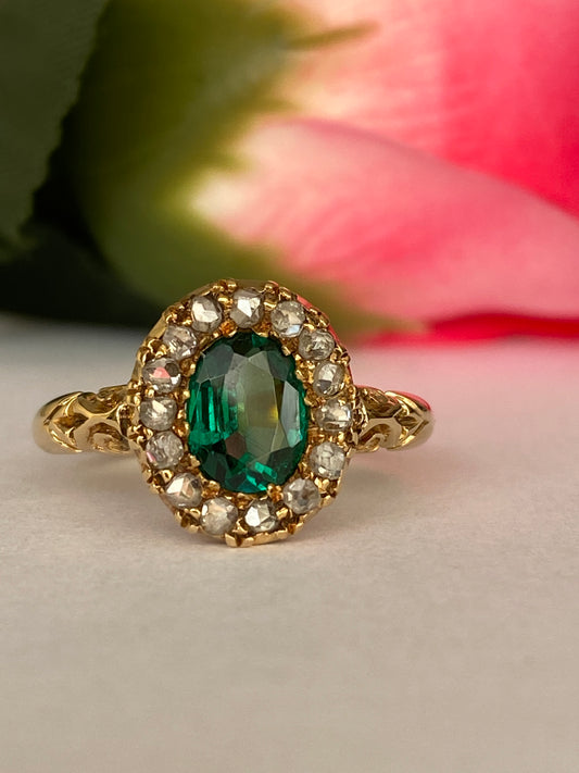 Antique Edwardian 18K Yellow Gold Green Garnet Doublet and Rose-Cut Diamond Ring