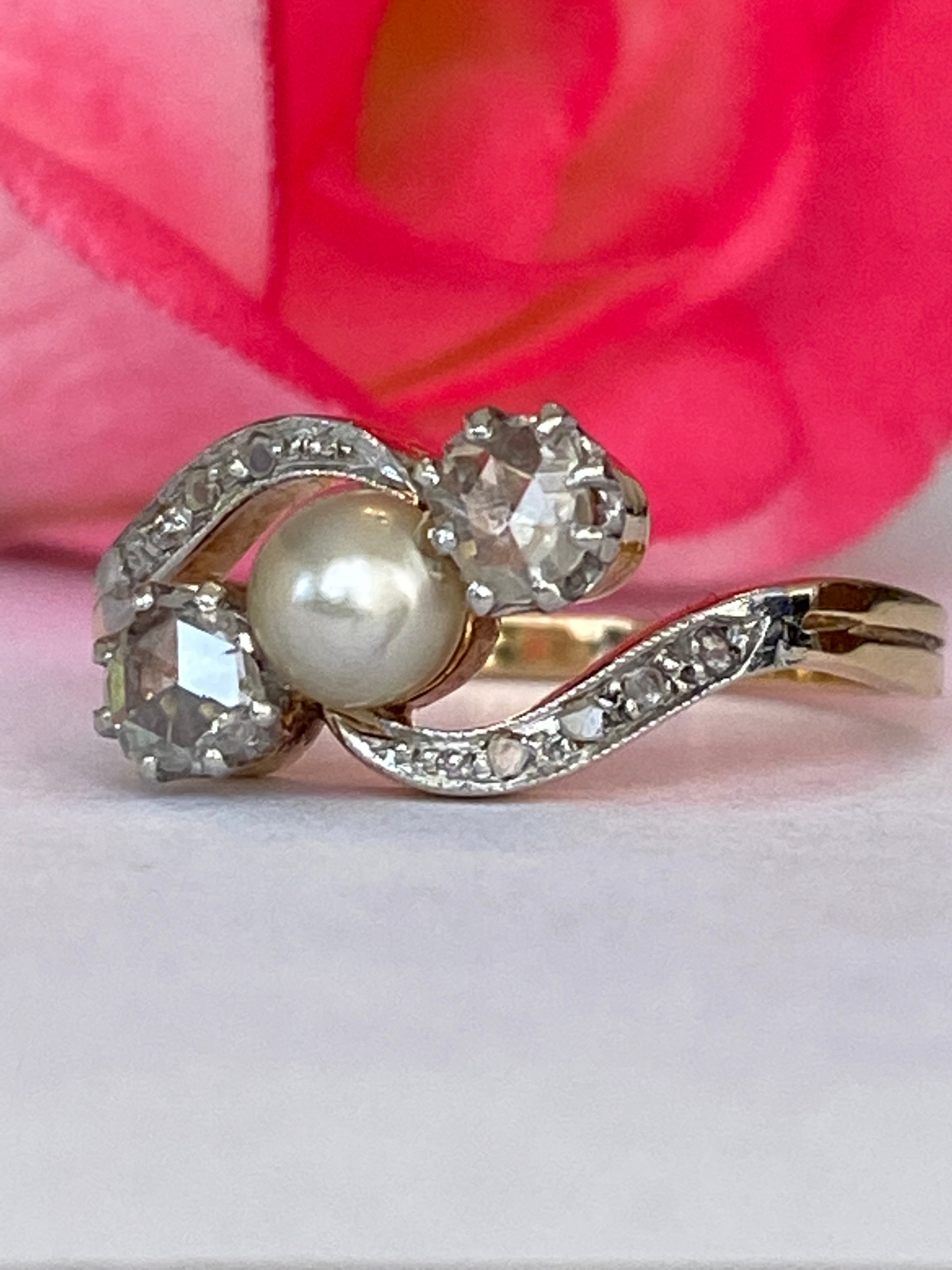 Antique Edwardian Diamond Pearl Ring Moi et Toi 18k Gold Topped Jewelry