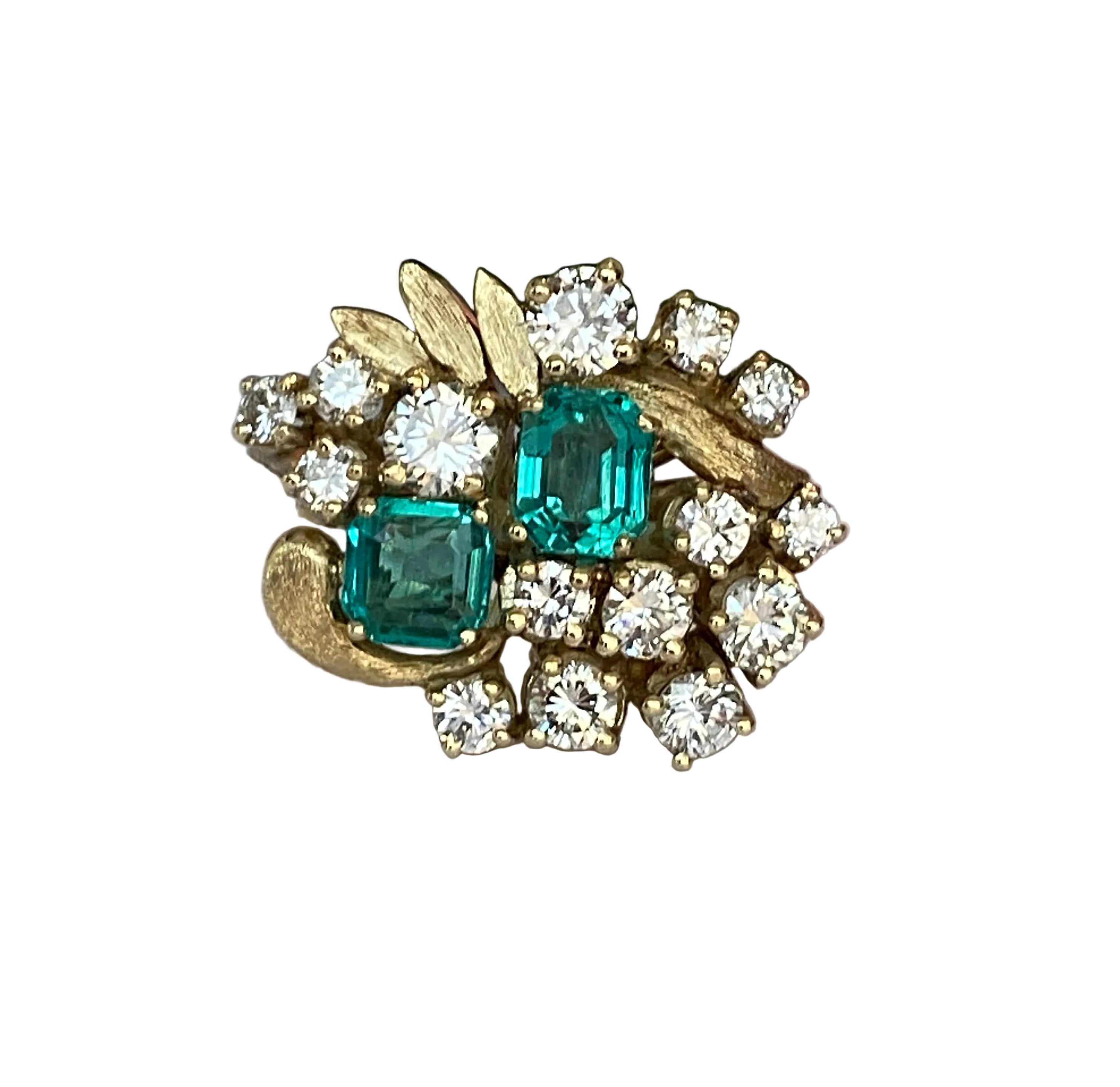 Vintage 14K Yellow Gold Diamond & Emerald Cluster Ring ca 1960, France