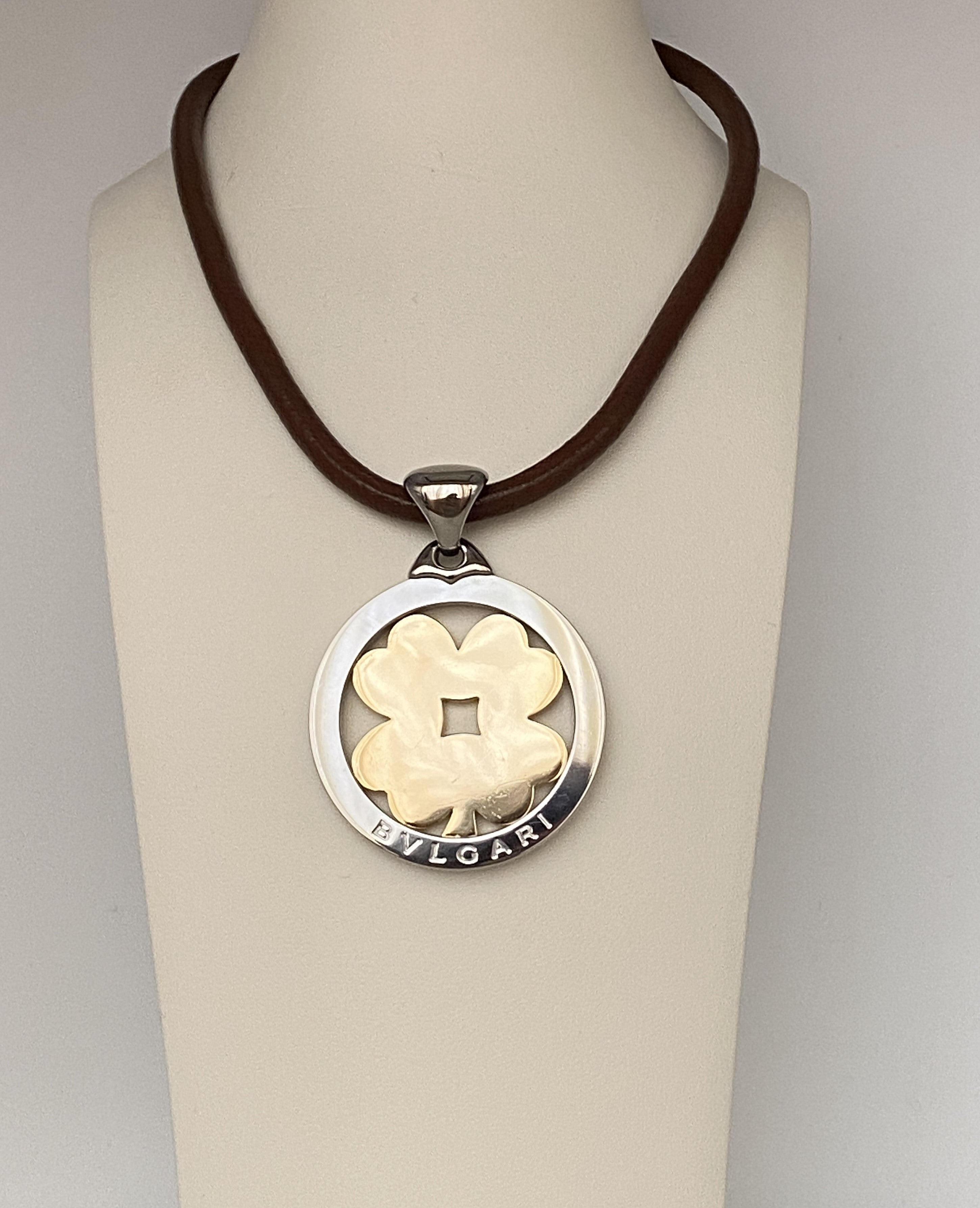 Bulgari Tondo Clover 18k Gold Steel Extra Large Pendant Brown and Black Leather