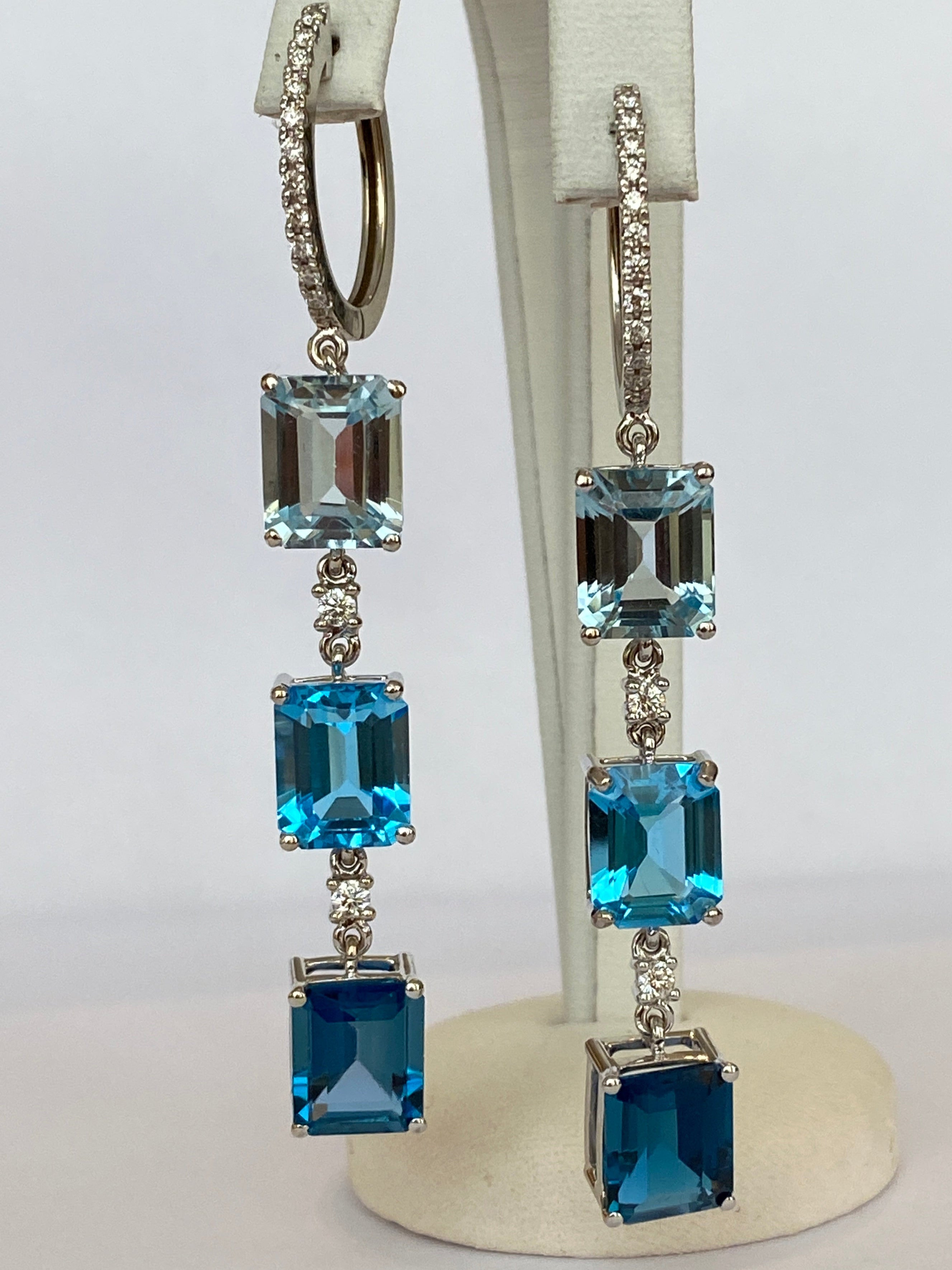 Exquisite 18K White Gold 22.45 Carat Blue Topaz & Diamond Dangle Earrings