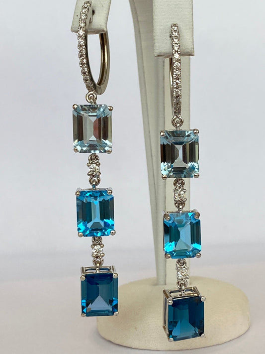 Exquisite 18K White Gold 22.45 Carat Blue Topaz & Diamond Dangle Earrings