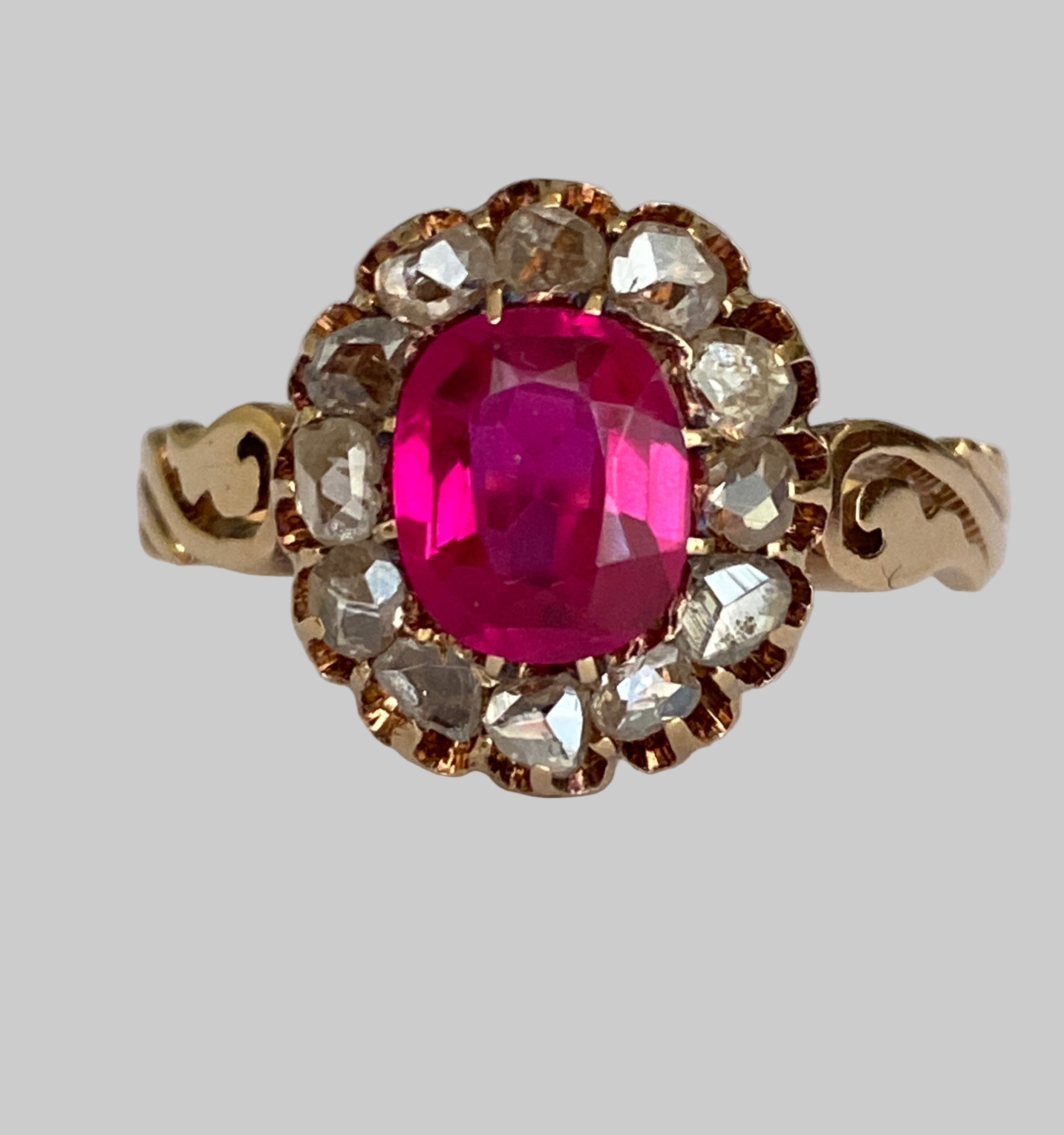Russian Antique 1910s  Ruby and Old Mine Cut Diamond Ring