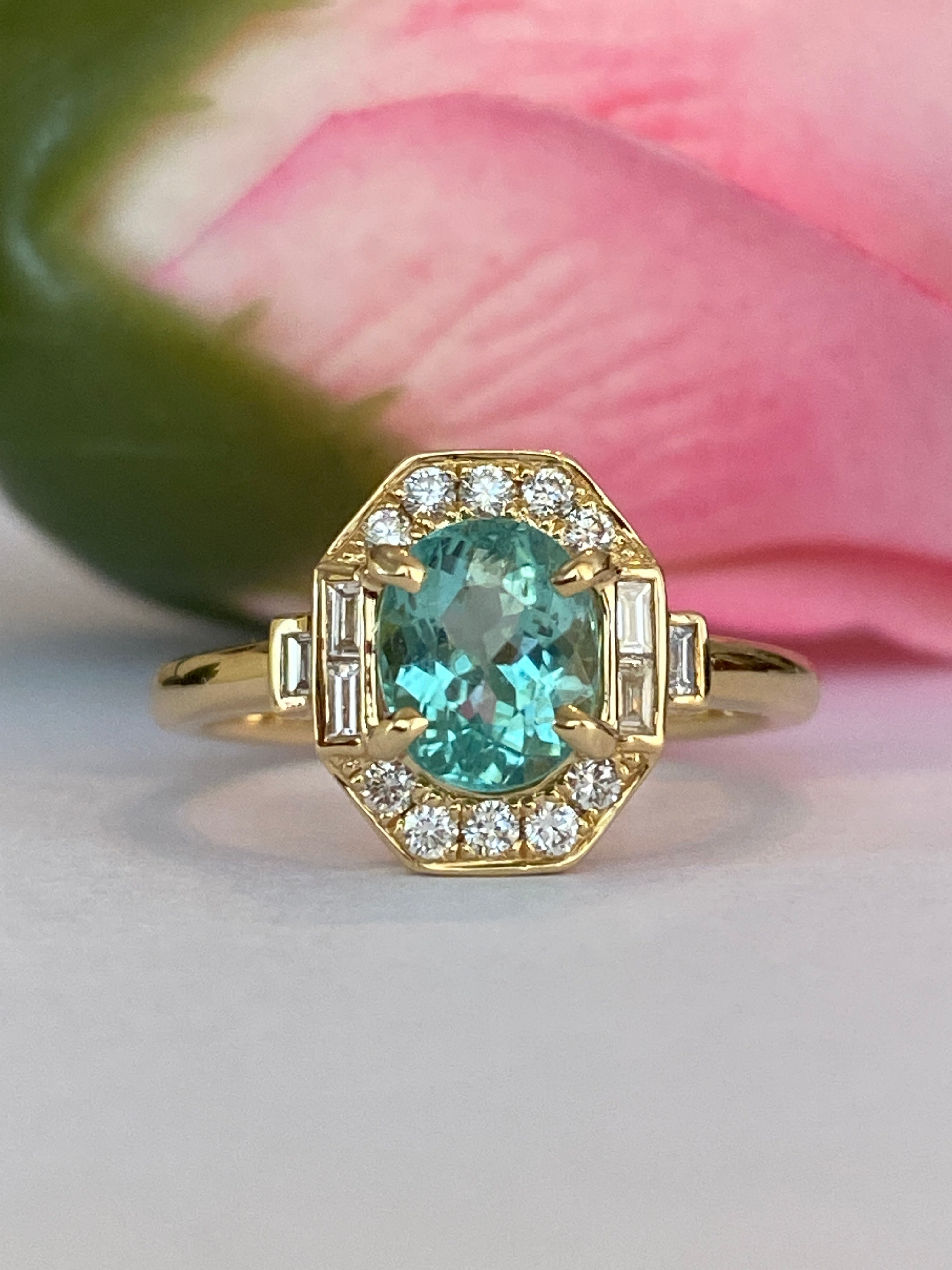 ALGT Certified 1.37 carat Paraiba Tourmaline Diamond  18 kt Yellow Gold Ring
