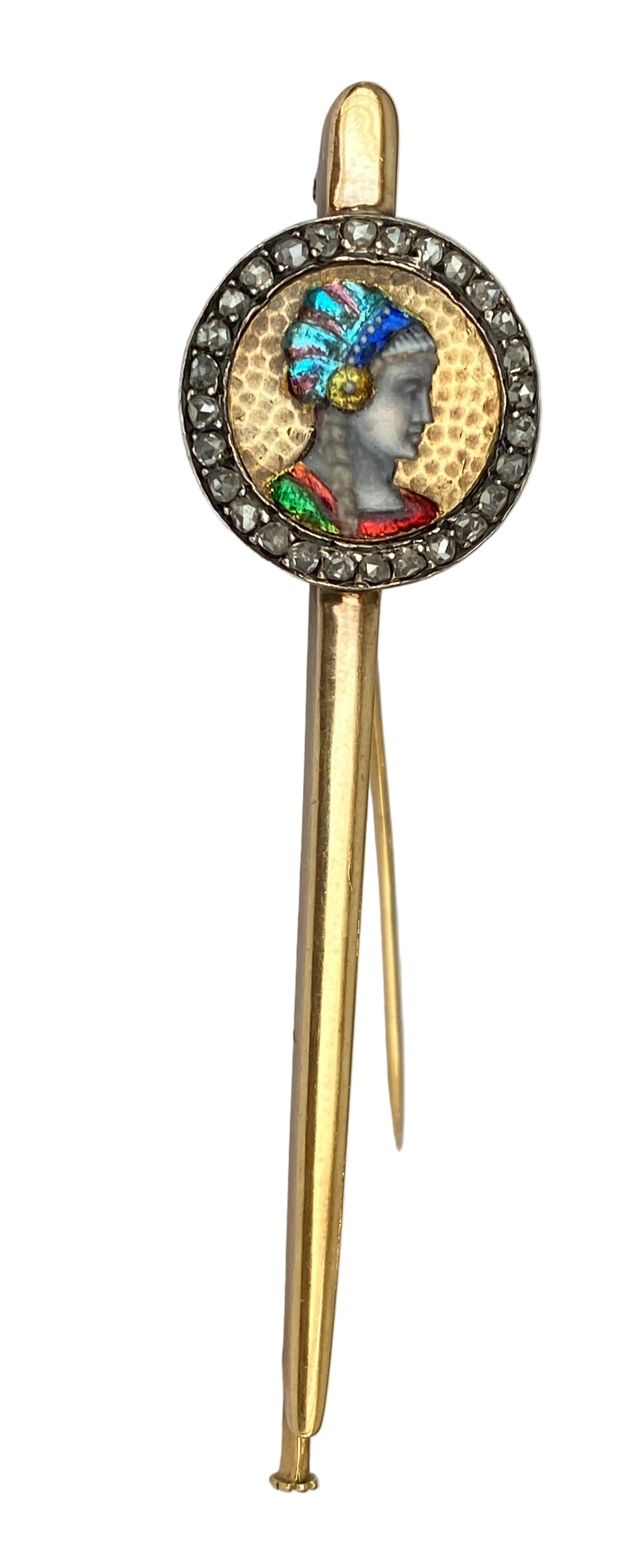 Important 8.7g Antique French 18 Karat Gold Art Nouveau Limoges Enamel Brooch