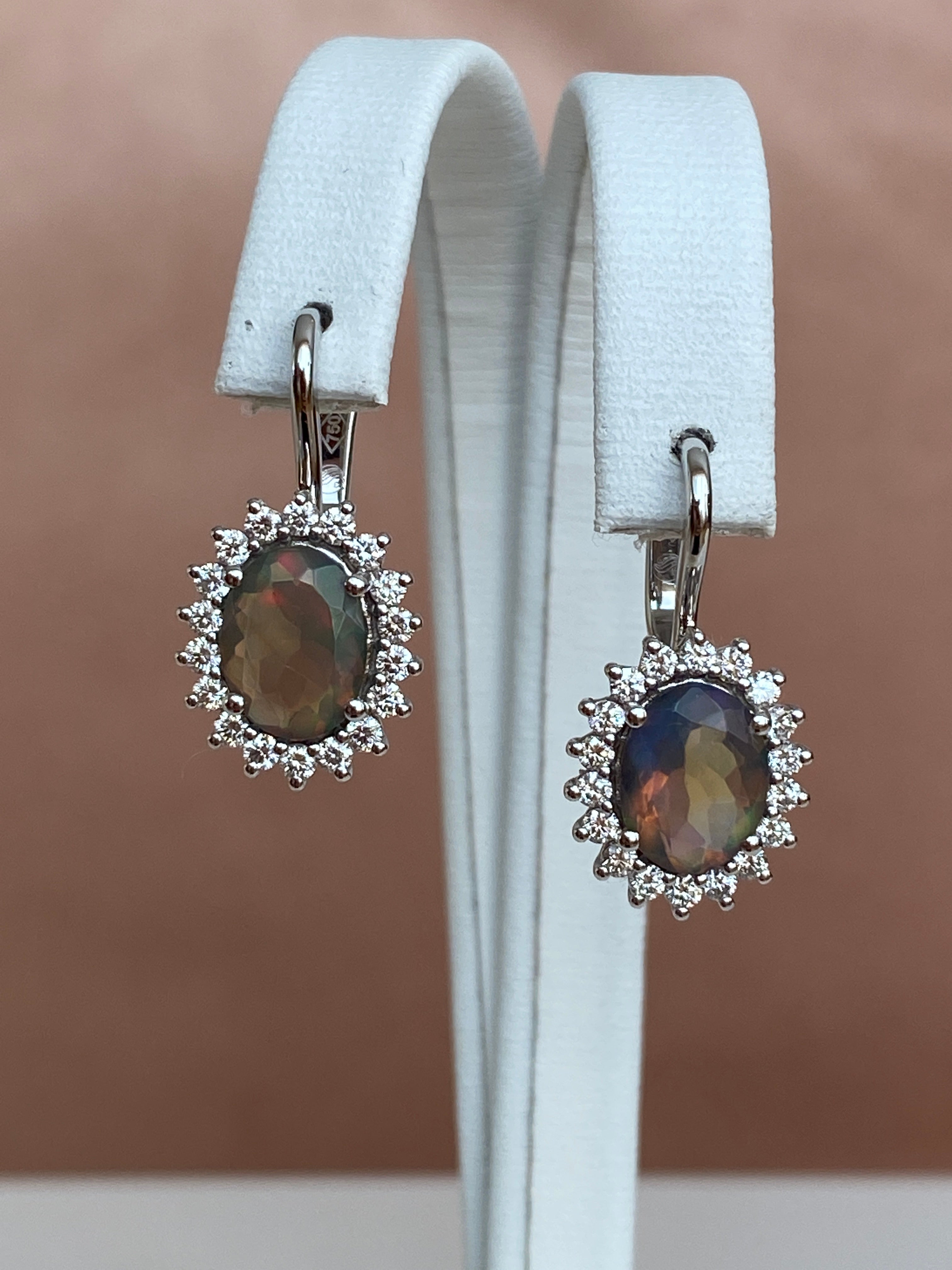 18K White Gold Dangle Earrings with Fire Black Australian Opals and Diamonds