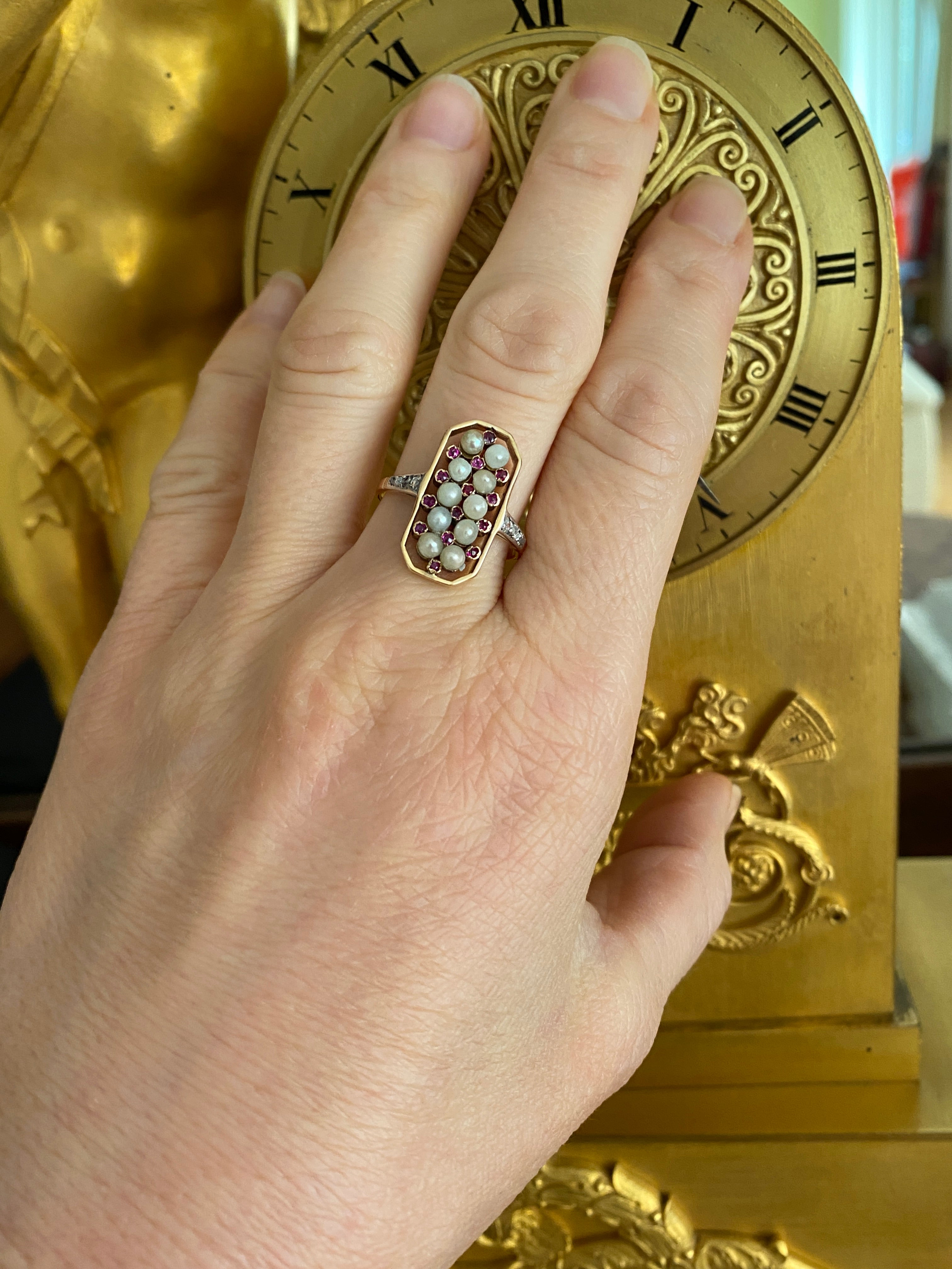 Antique Edwardian Pearl, Ruby & Diamond Ring in Gold