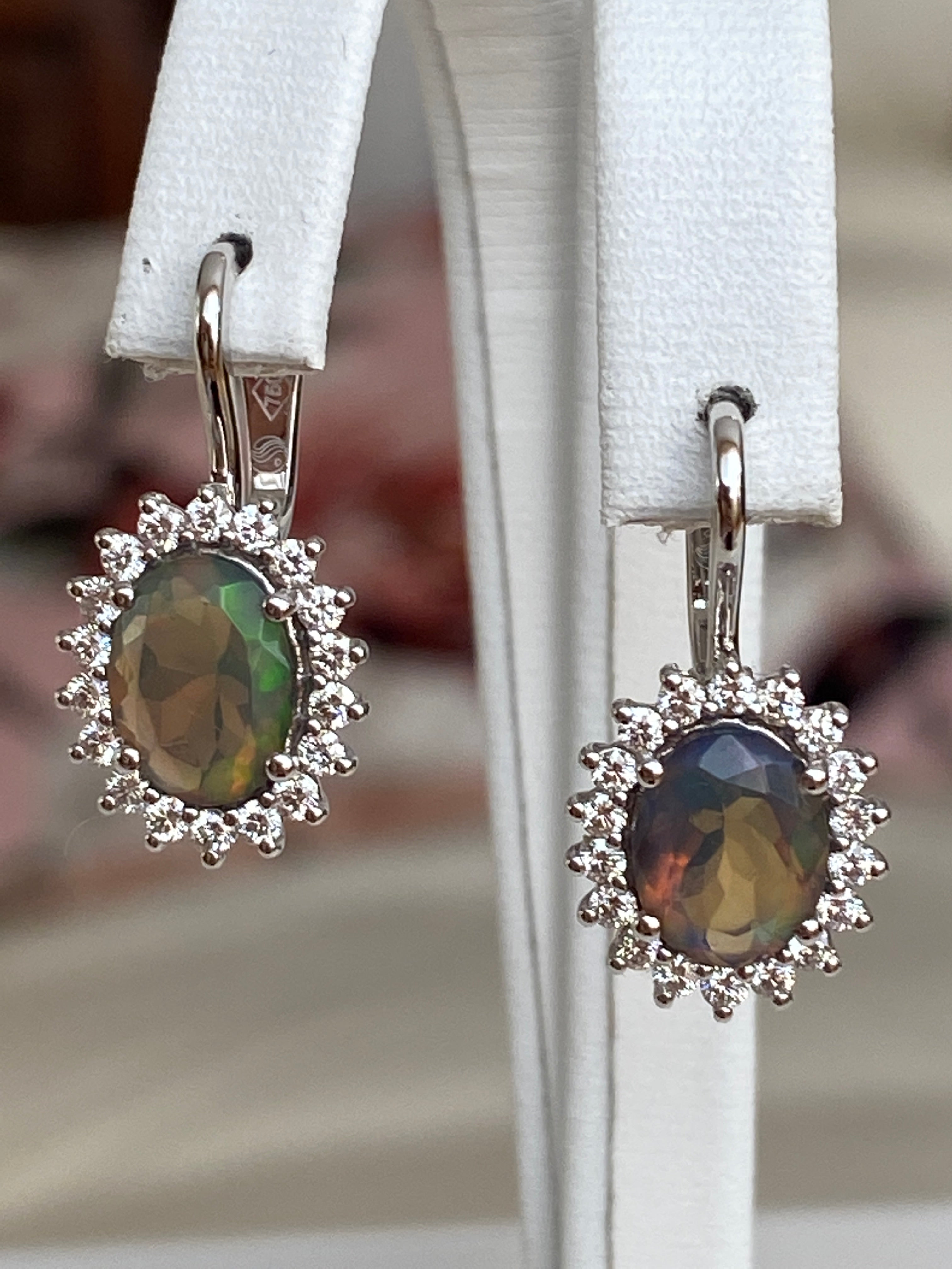 18K White Gold Dangle Earrings with Fire Black Australian Opals and Diamonds