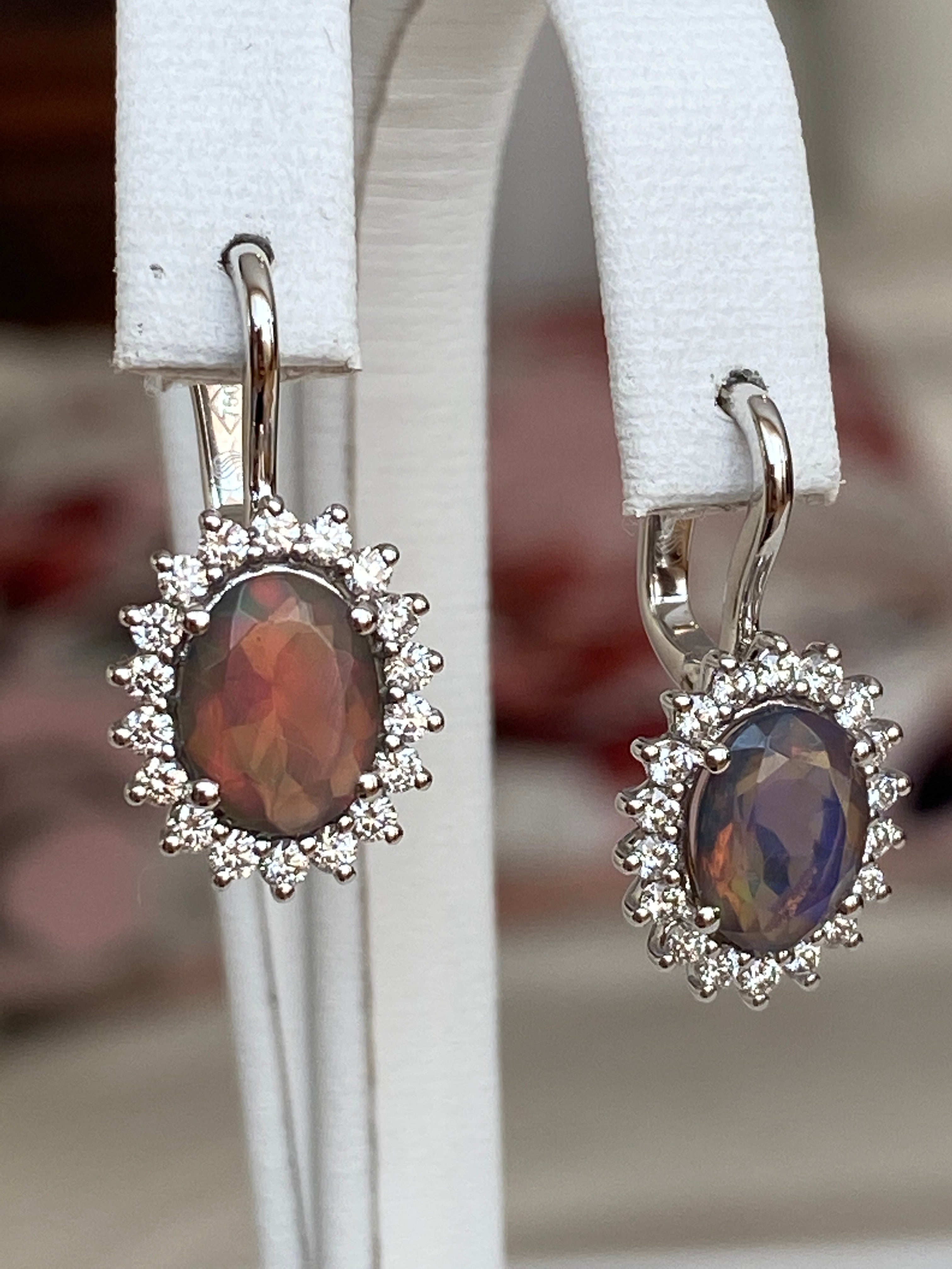 18K White Gold Dangle Earrings with Fire Black Australian Opals and Diamonds