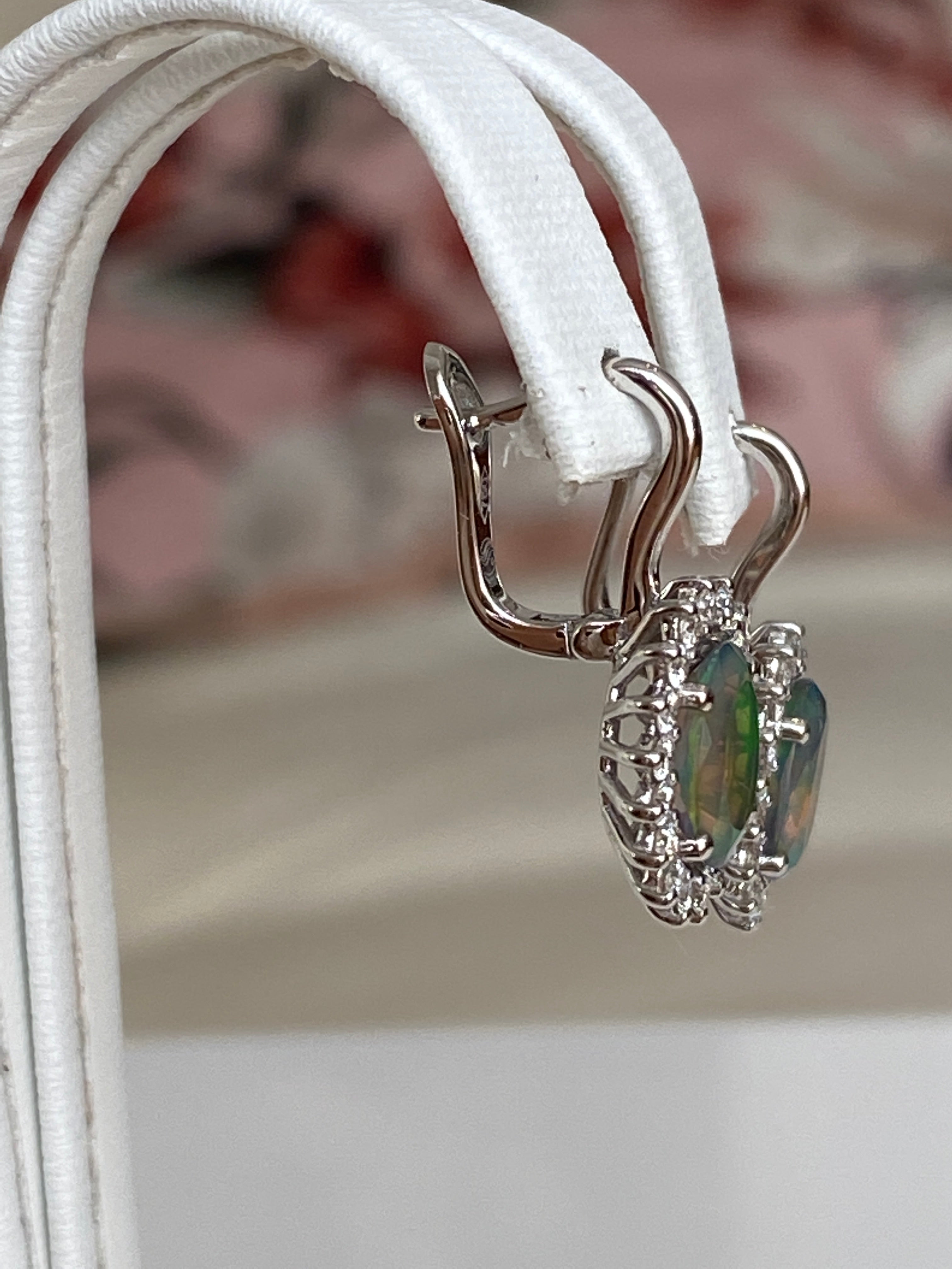 18K White Gold Dangle Earrings with Fire Black Australian Opals and Diamonds