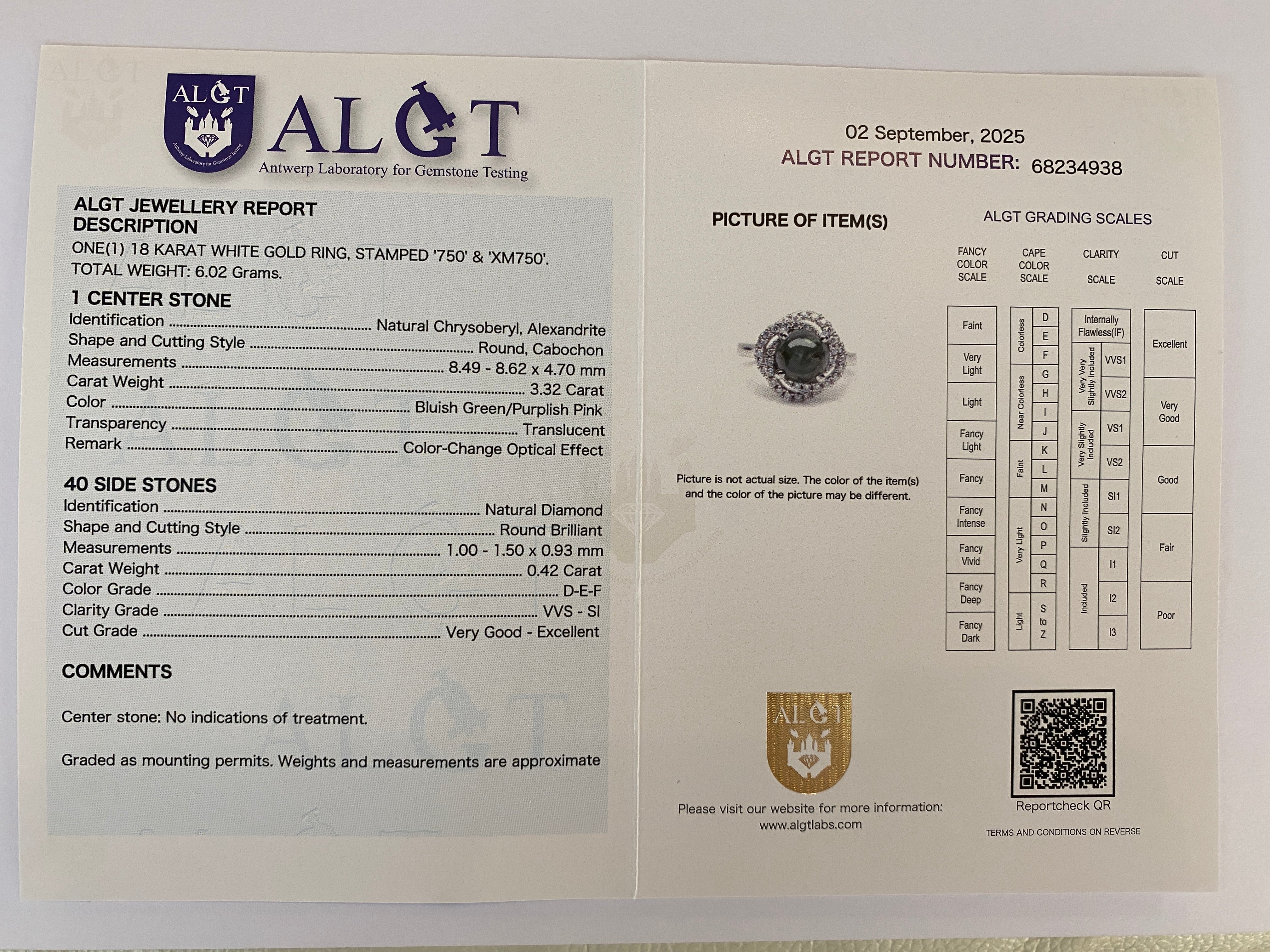 ALGT certified Natural 3.32 Carat  Alexandrite and  Diamond  White Gold  Ring