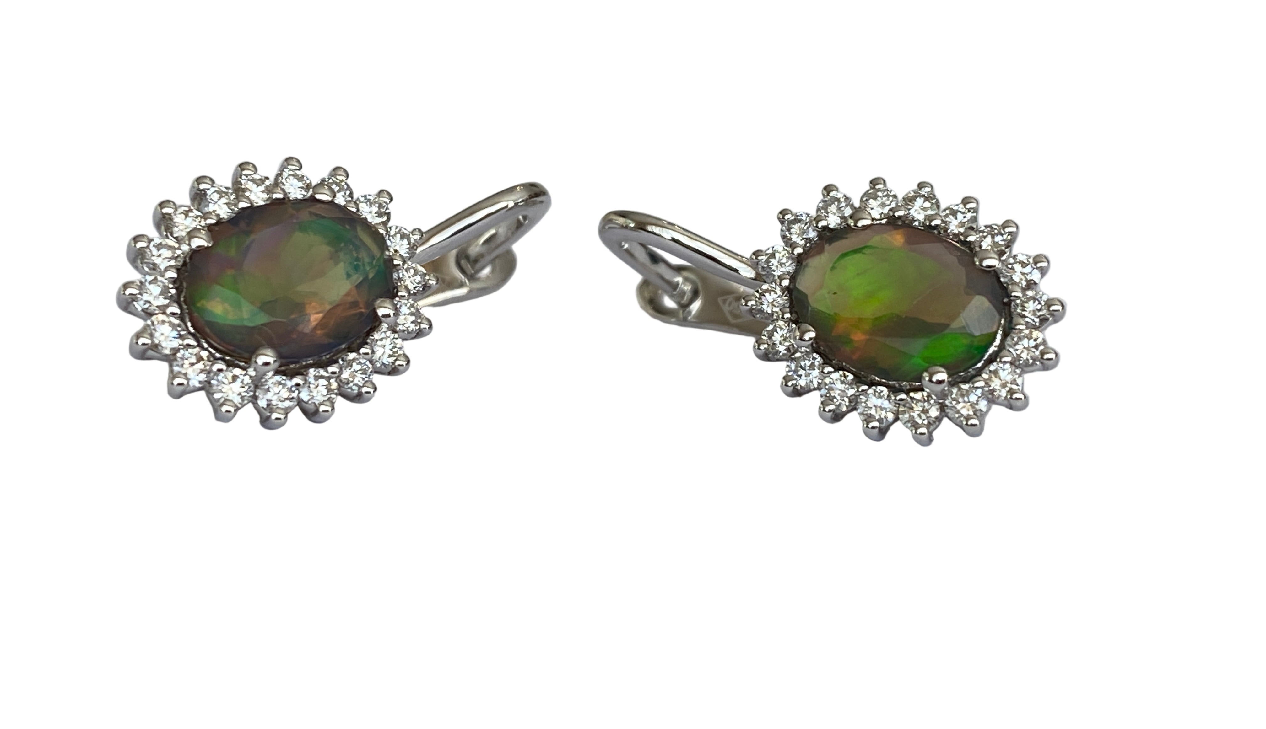 18K White Gold Dangle Earrings with Fire Black Australian Opals and Diamonds