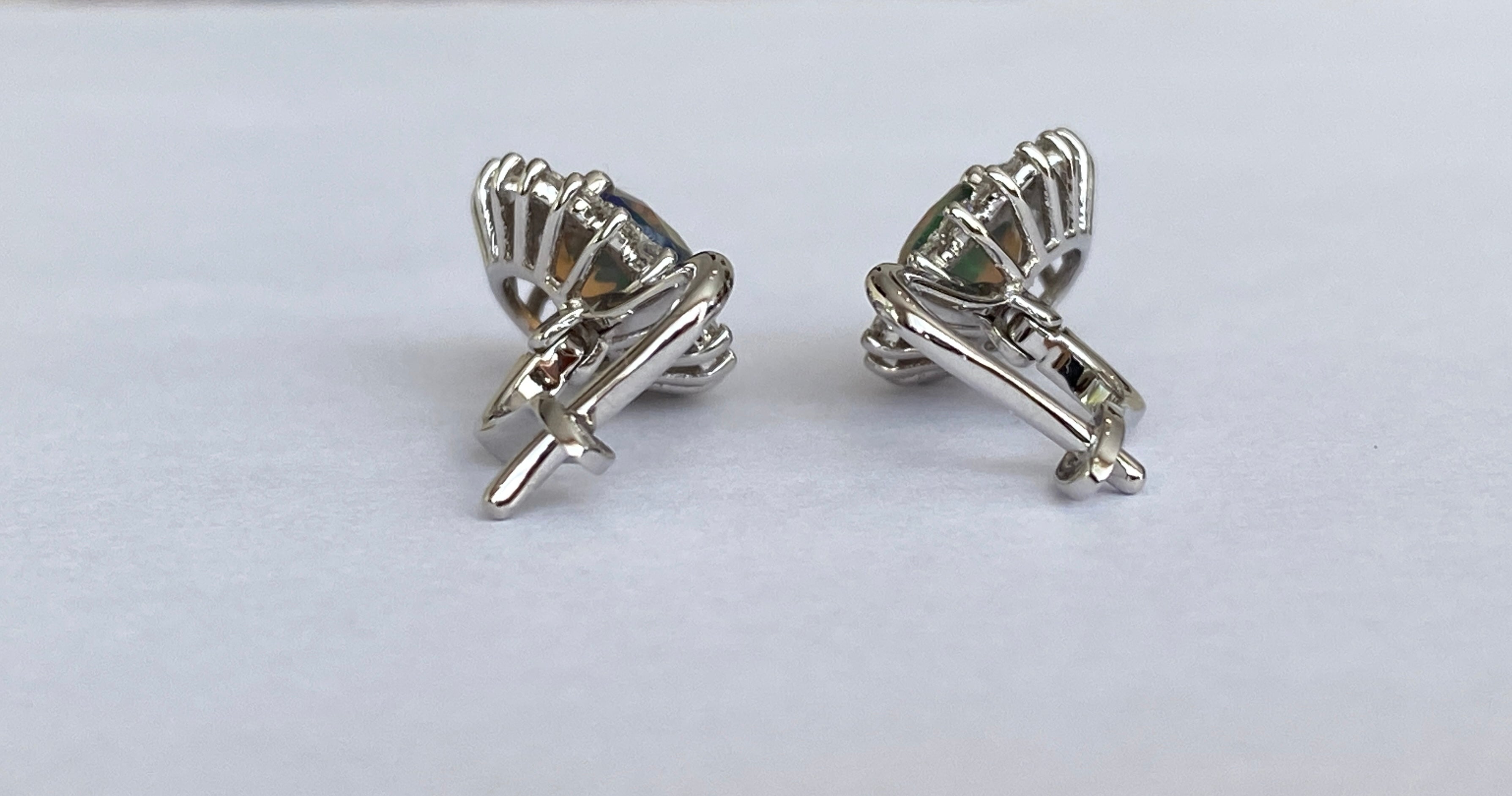 18K White Gold Dangle Earrings with Fire Black Australian Opals and Diamonds