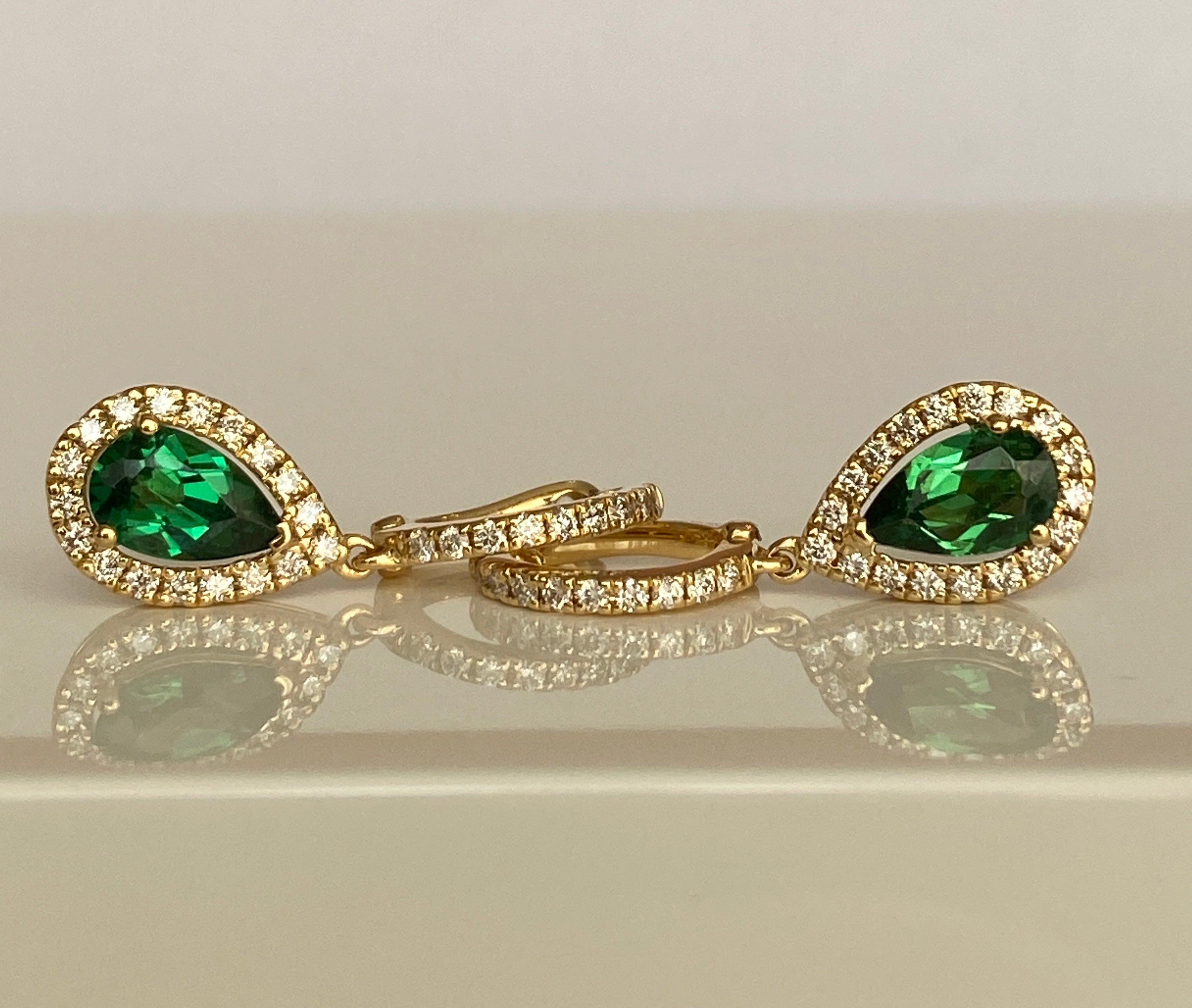 ALGT Cerified Vivid Green Tsavorite Diamond  Drop Earrings in 18K Yellow Gold