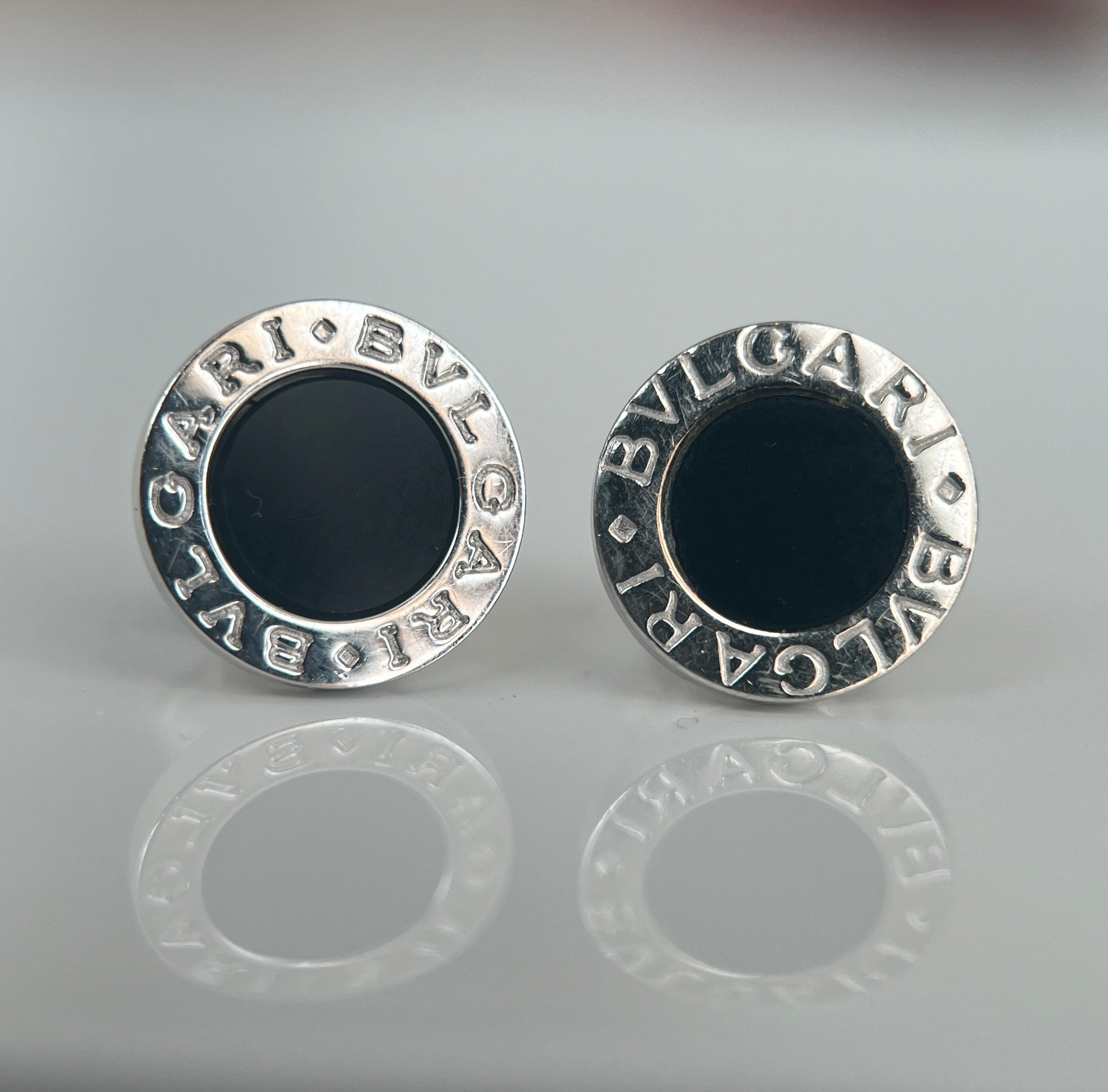 18K White Gold Black Onyx BVLGARI Bulgari Stud Earrings