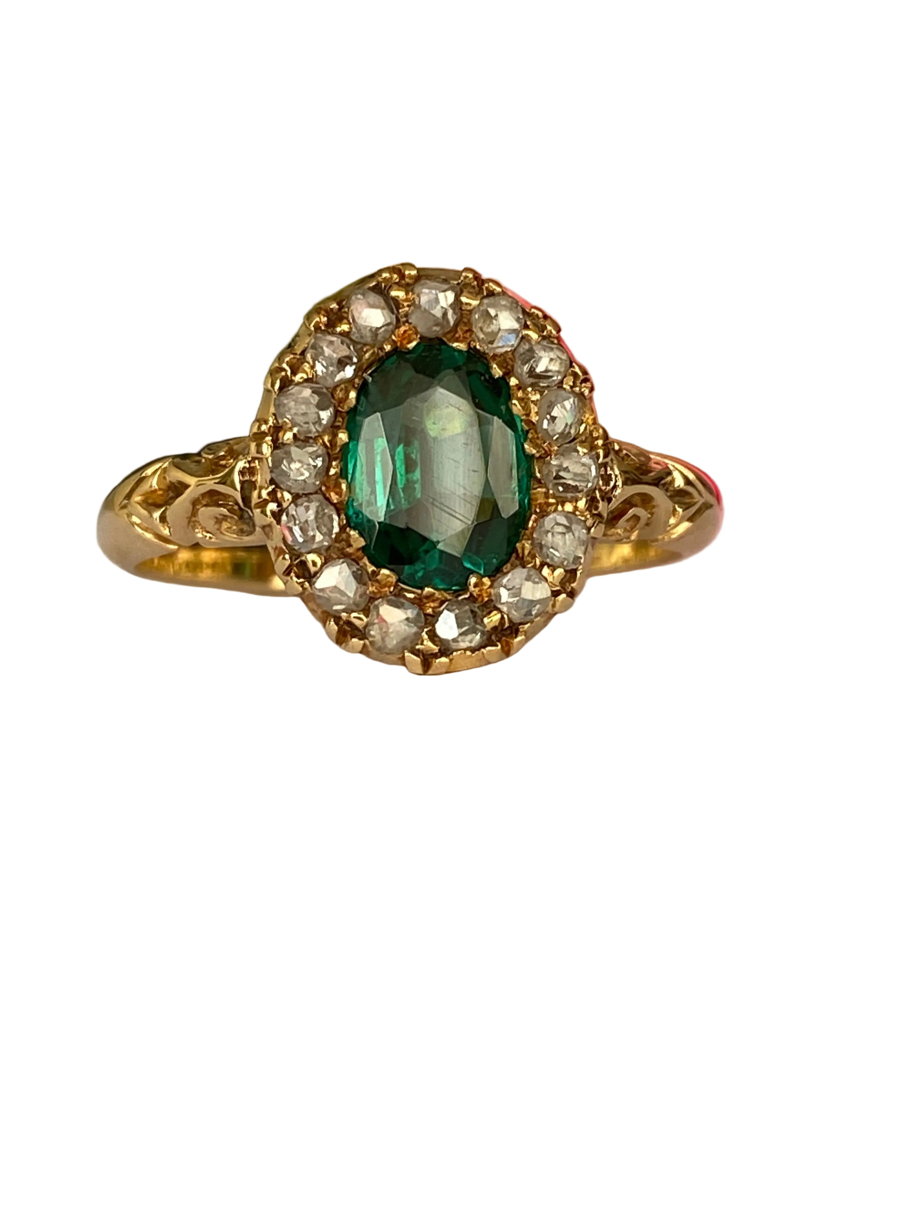Antique Edwardian 18K Yellow Gold Green Garnet Doublet and Rose-Cut Diamond Ring