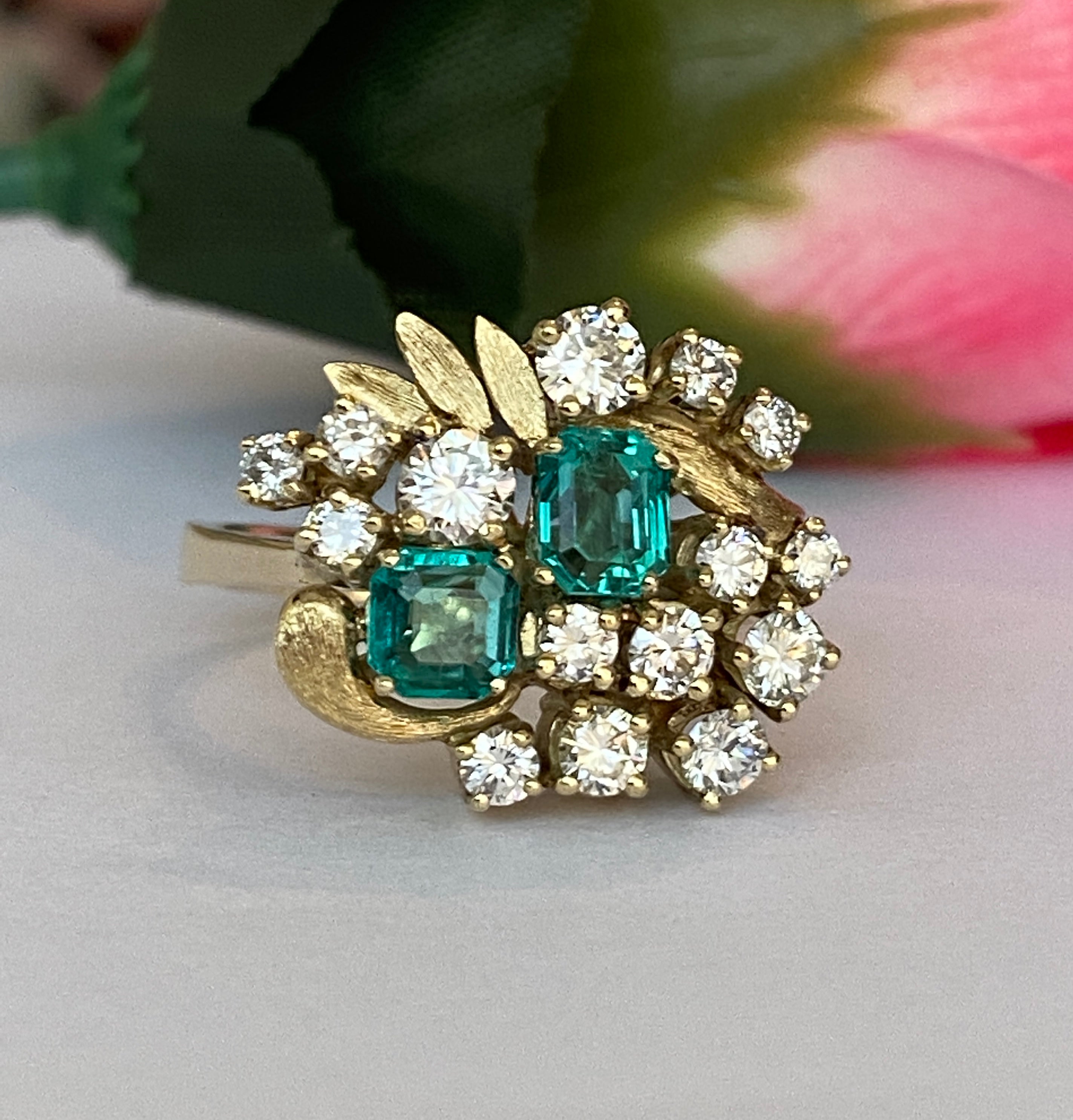 Vintage 14K Yellow Gold Diamond & Emerald Cluster Ring ca 1960, France