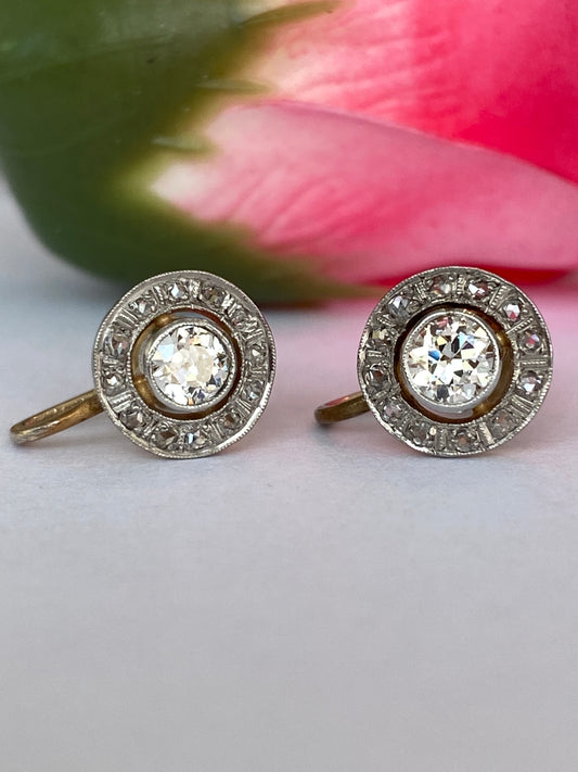Antique Victorian 14 kt  Gold Halo Earrings with 0.74 ct Old-Cut Diamonds