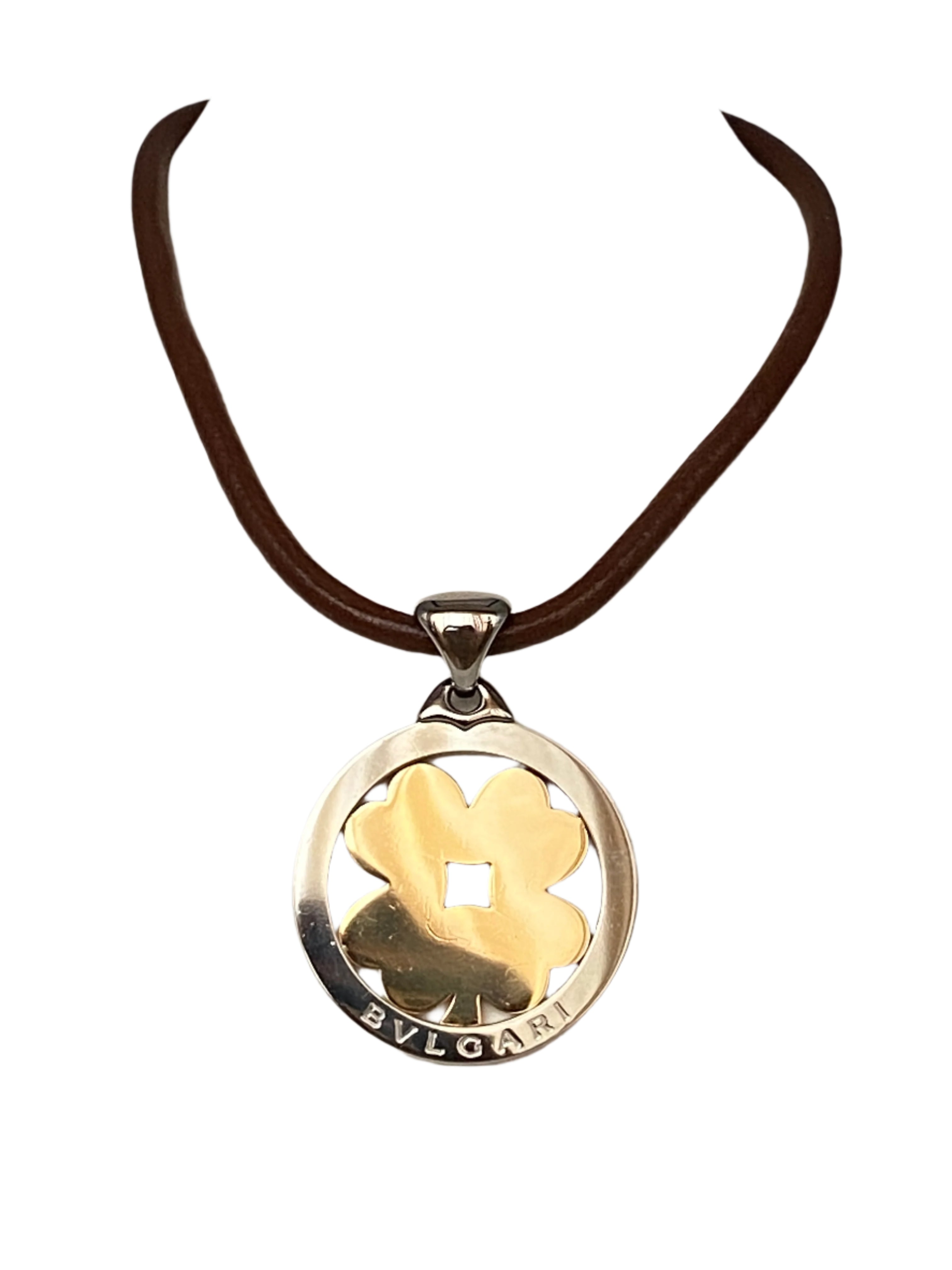 Bulgari Tondo Clover 18k Gold Steel Extra Large Pendant Brown and Black Leather
