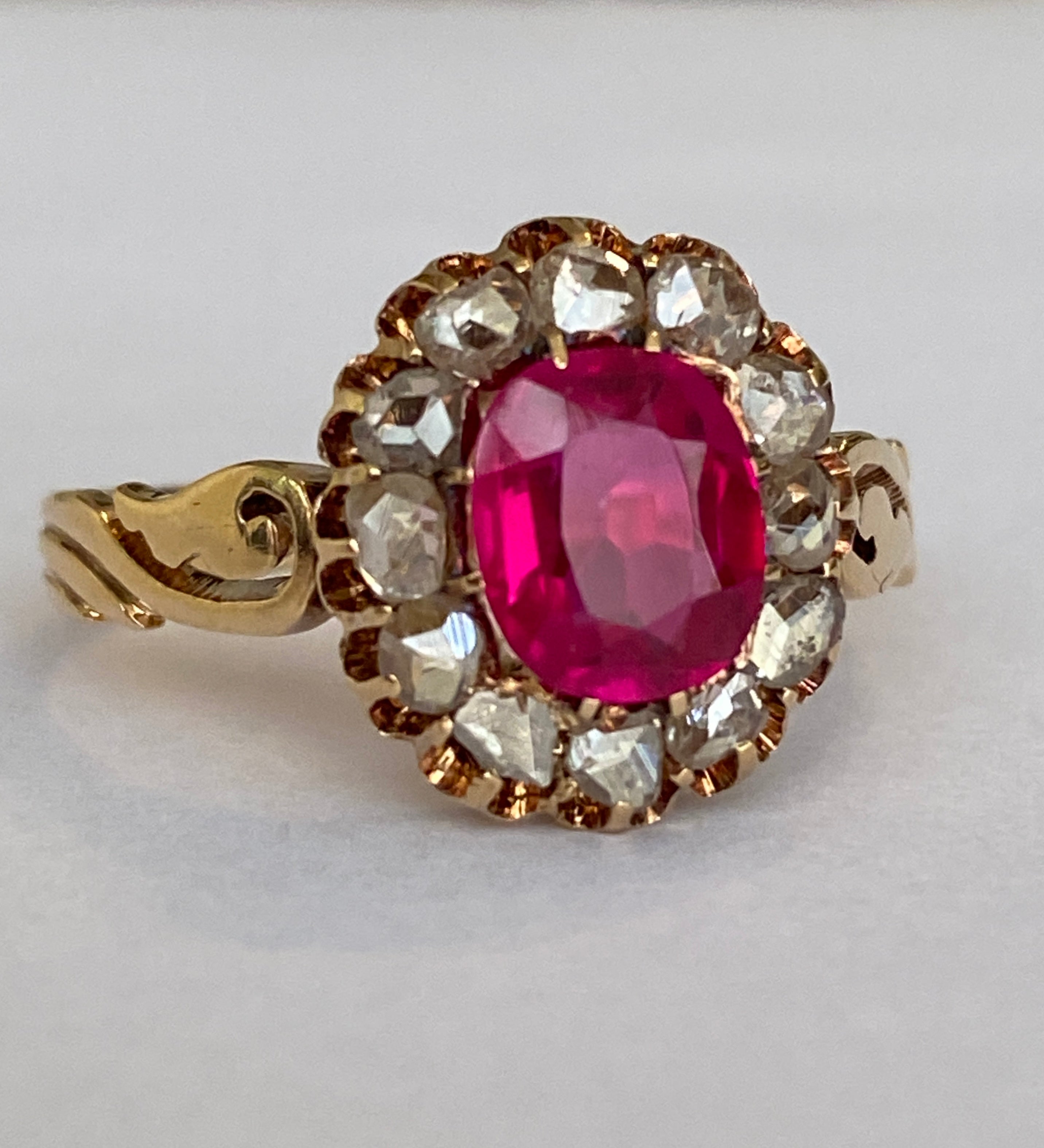 Russian Antique 1910s  Ruby and Old Mine Cut Diamond Ring