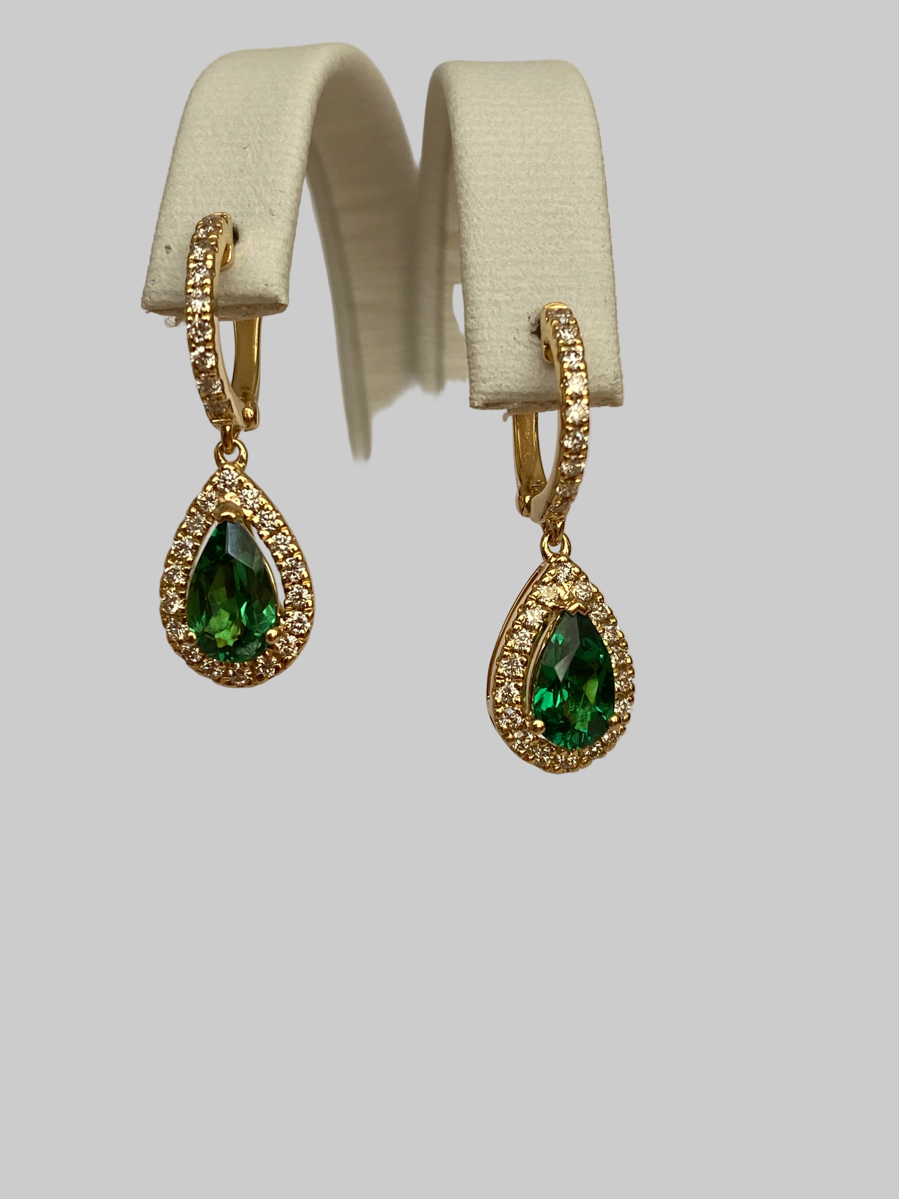 ALGT Cerified Vivid Green Tsavorite Diamond  Drop Earrings in 18K Yellow Gold