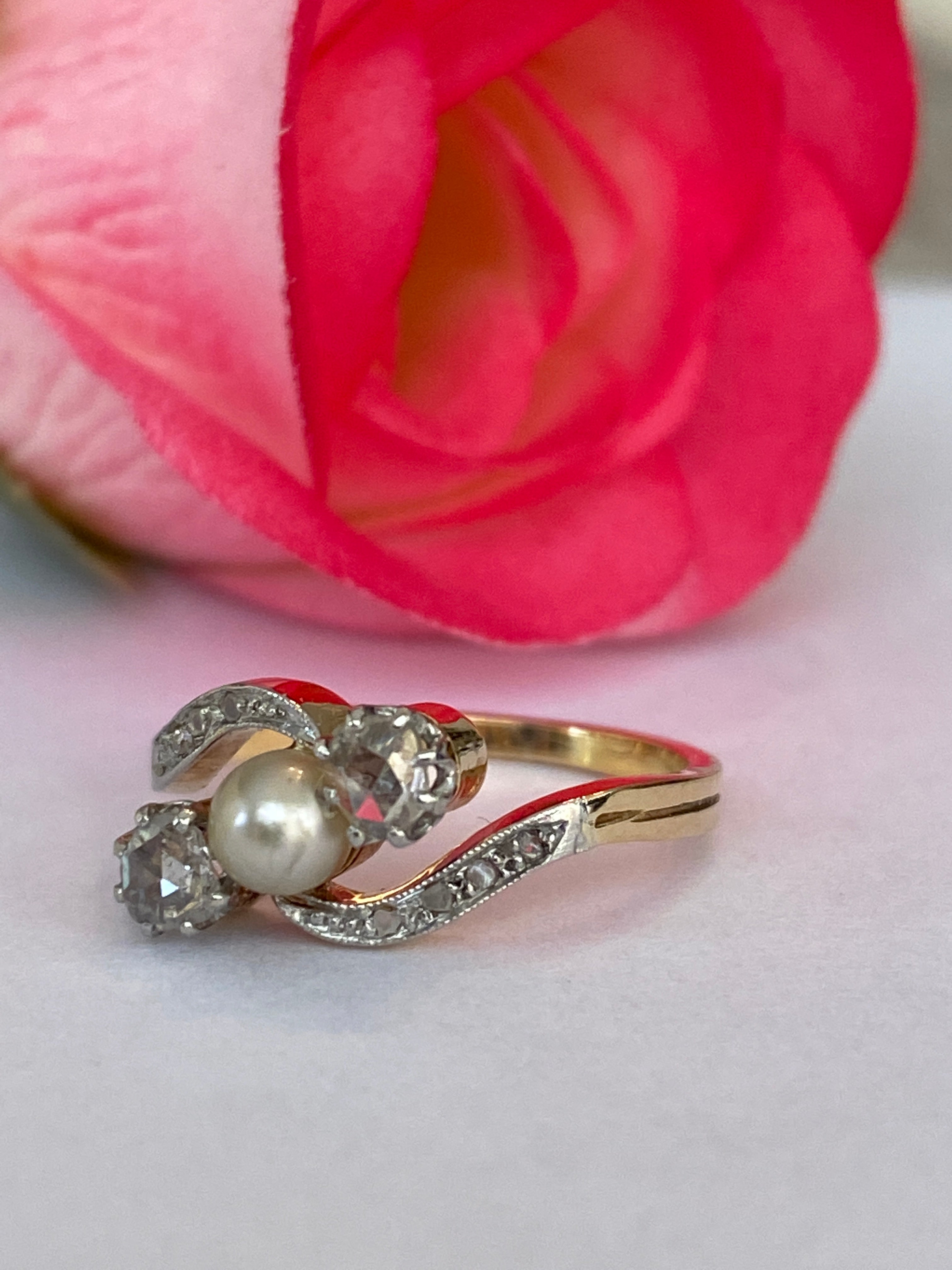 Antique Edwardian Diamond Pearl Ring Moi et Toi 18k Gold Topped Jewelry