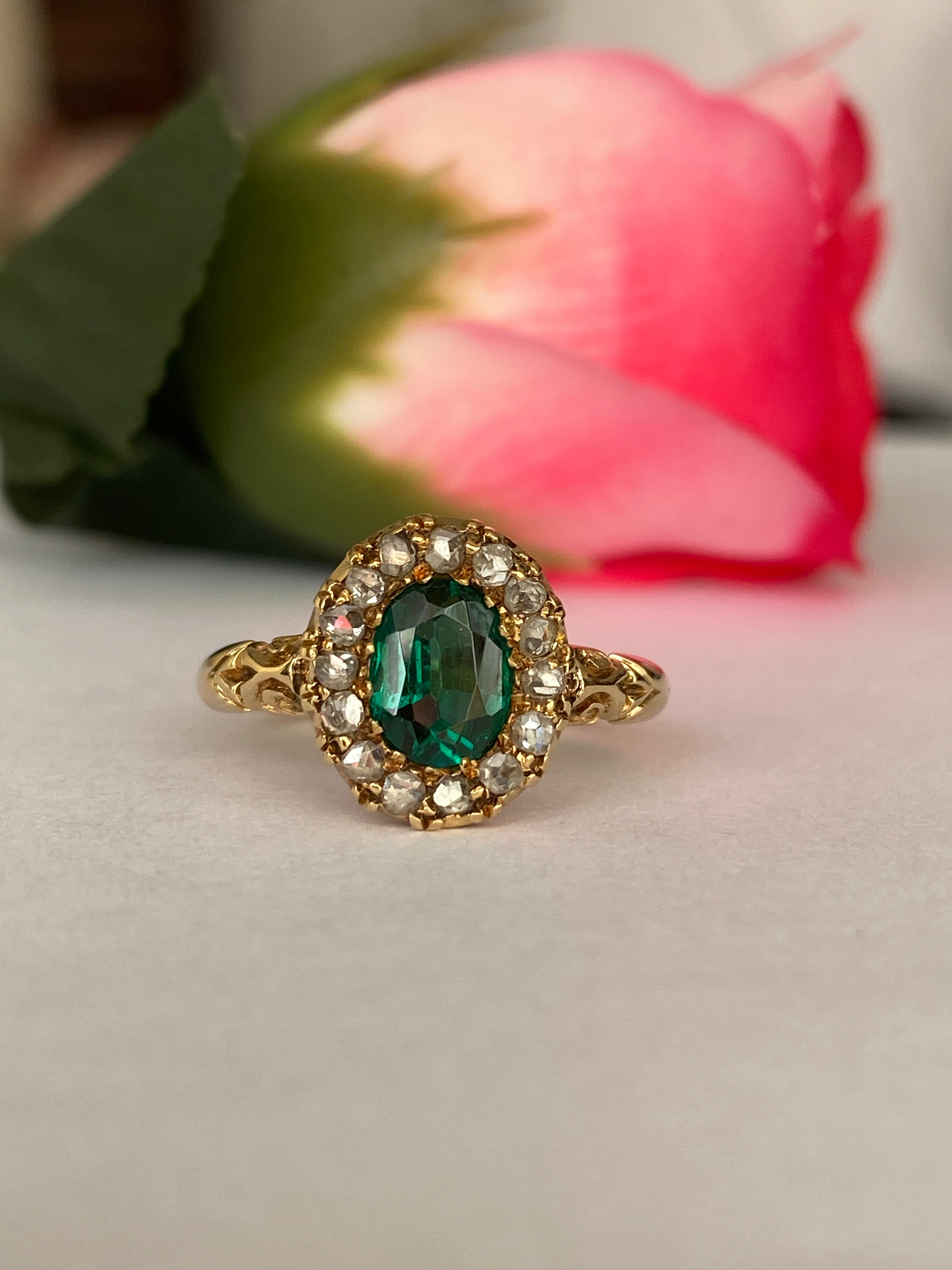 Antique Edwardian 18K Yellow Gold Green Garnet Doublet and Rose-Cut Diamond Ring