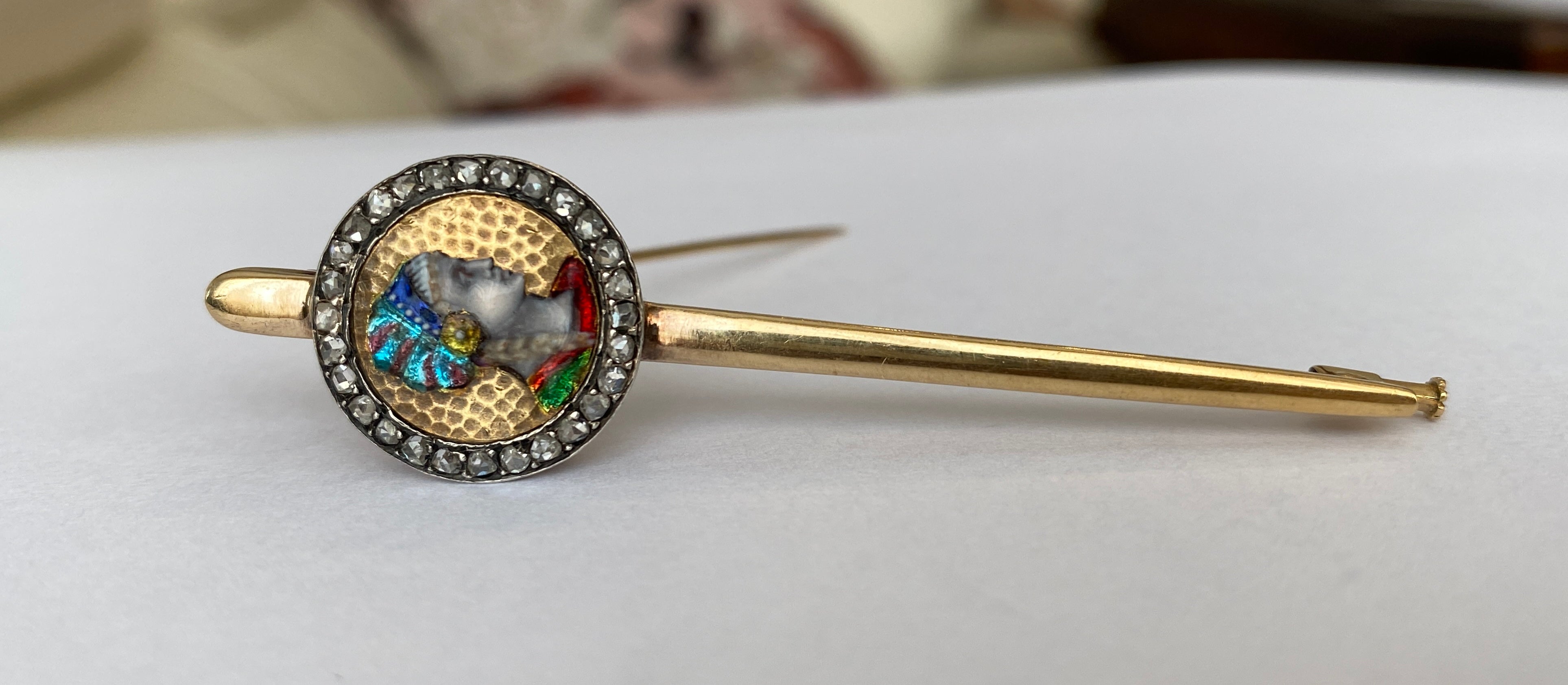 Important 8.7g Antique French 18 Karat Gold Art Nouveau Limoges Enamel Brooch