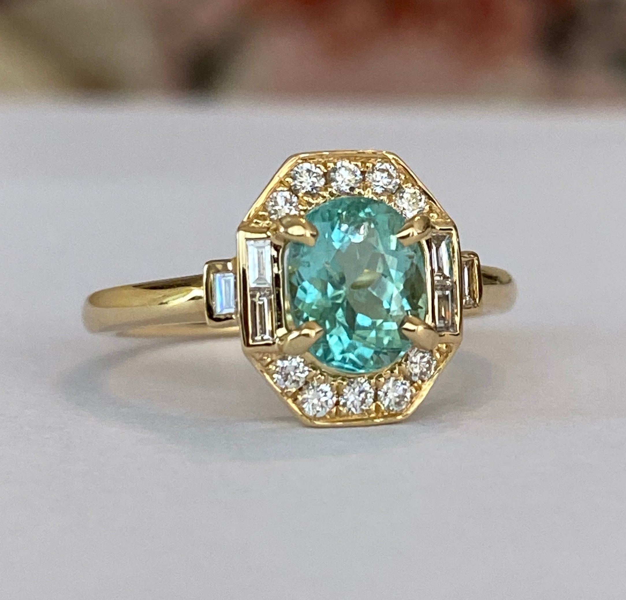 ALGT Certified 1.37 carat Paraiba Tourmaline Diamond  18 kt Yellow Gold Ring