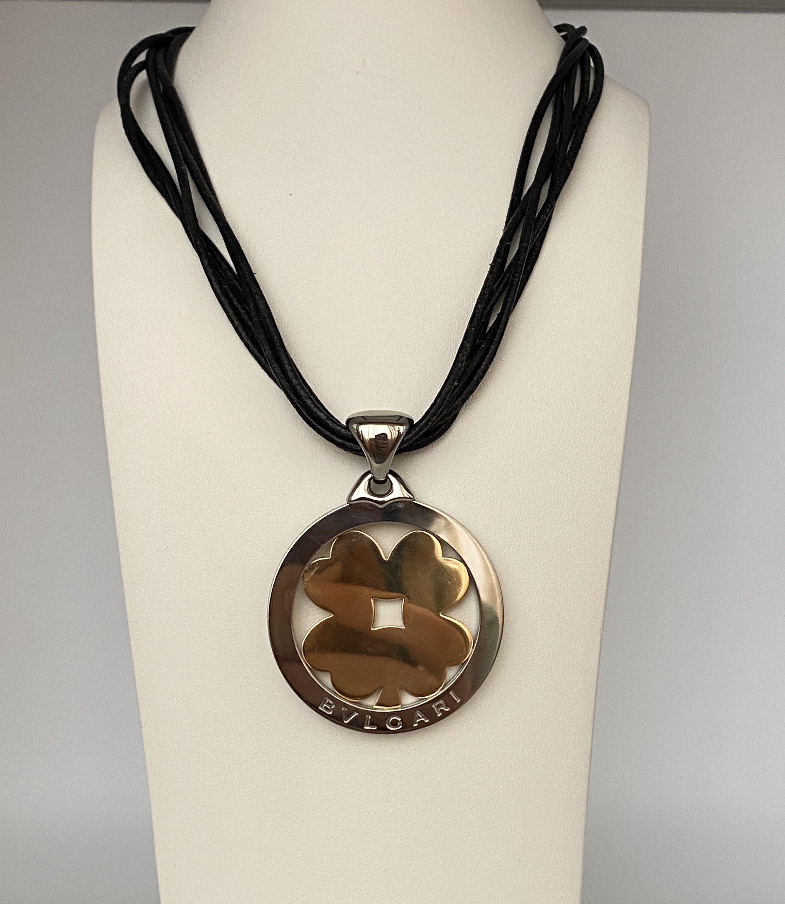 Bulgari Tondo Clover 18k Gold Steel Extra Large Pendant Brown and Black Leather